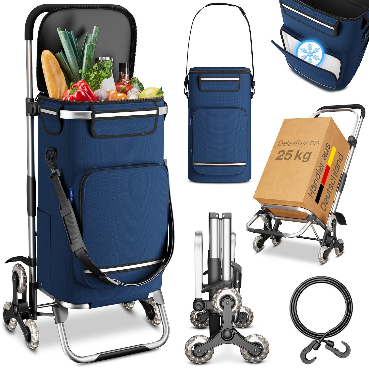 Blauer Einkaufstrolley mit Kühltasche, 3+3 Rädern, abnehmbarer Tasche. Enthält Lebensmittel. Mit Schultergurt und Tragegriff.