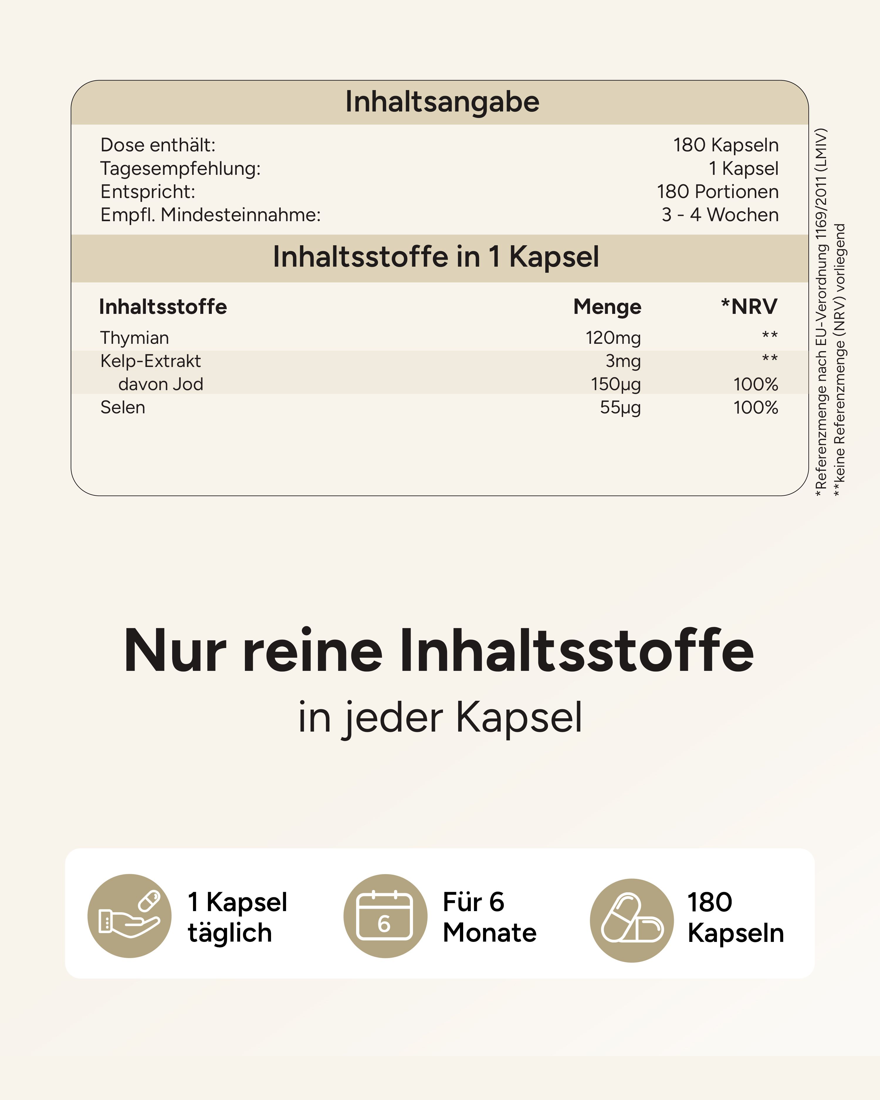 Inhaltsangabe: 1 Kapsel täglich. Inhaltsstoffe: Thymian, Kelp-Extrakt, Jod, Selen. 180 Kapseln. 6 Monate.