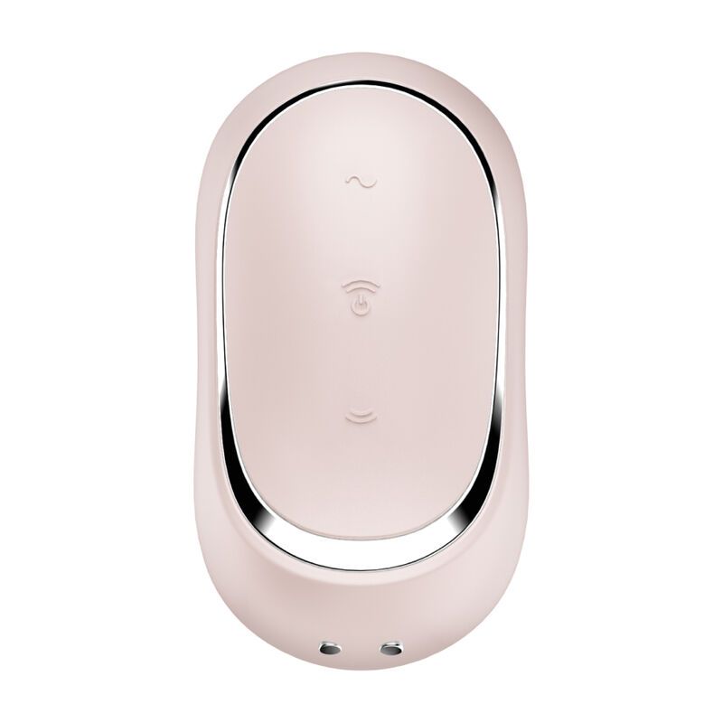 Seitenansicht eines hellen, ovalen Vibrators mit silbernem Rand und zwei kleinen Ladeanschlüssen.