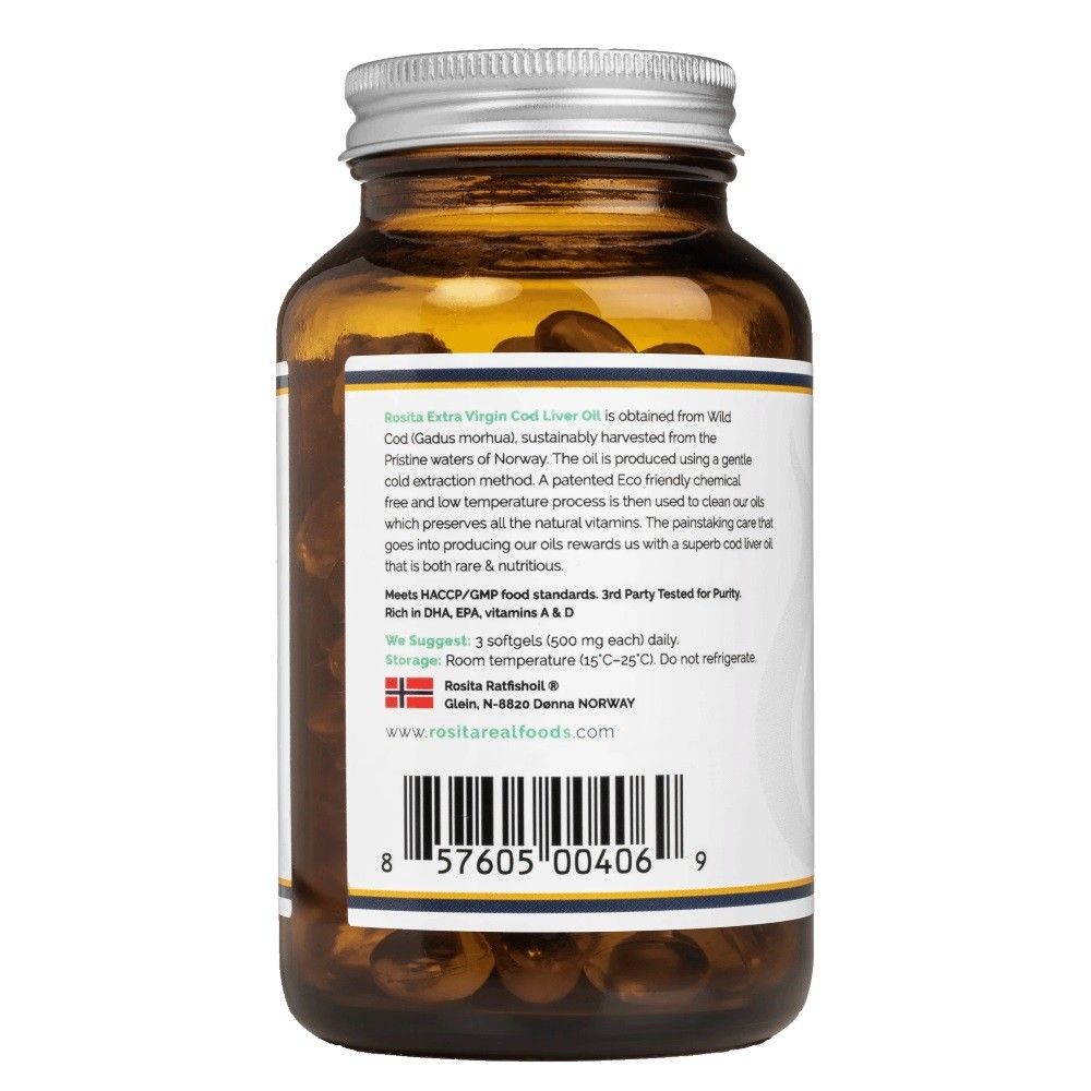 Rückseite einer Flasche mit Produktinformationen und Barcode für 90 Weichkapseln Dorschleberöl.