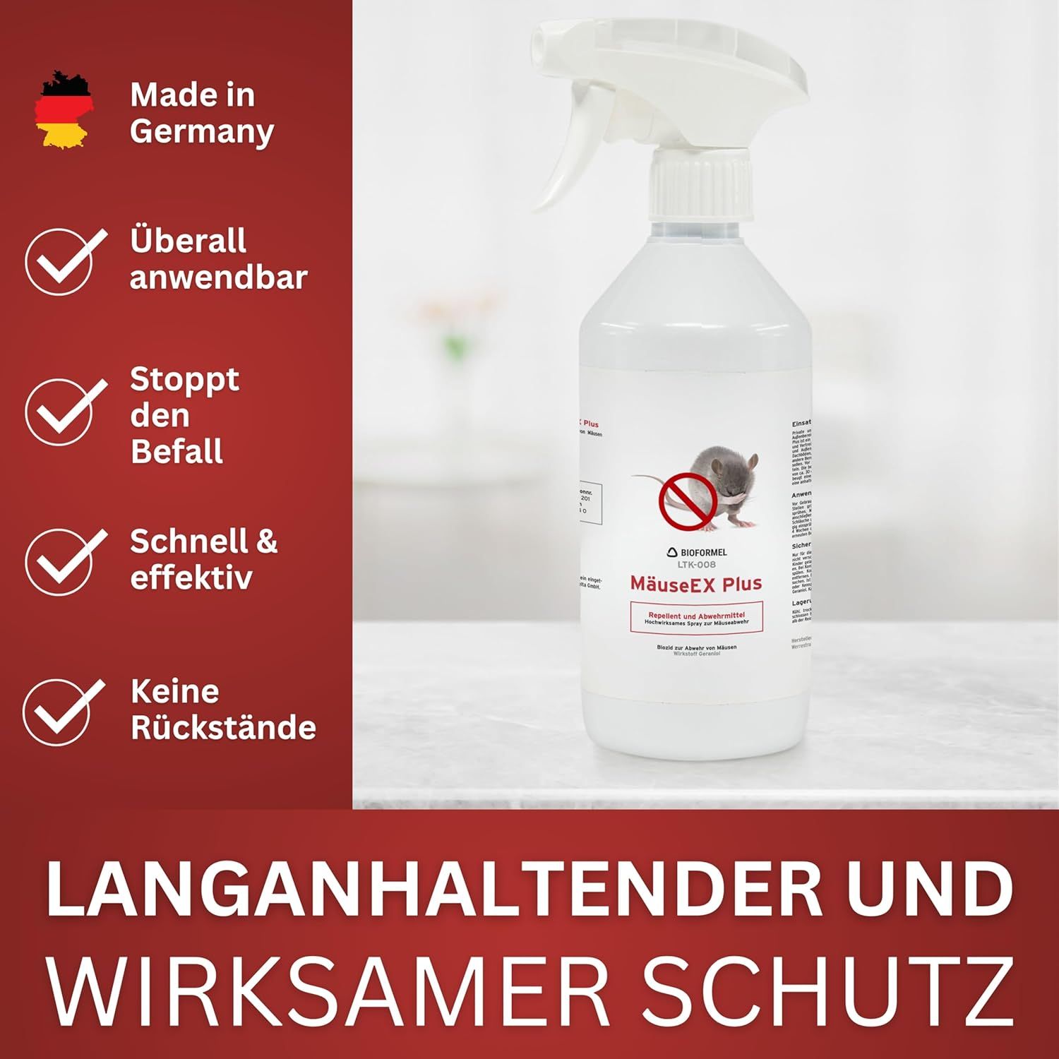 Sprühflasche mit Text und Symbolen. Text: "BIOFORMEL MäuseEX Plus". Symbole: Haken, Stopp-Symbol, Blitz, keine Rückstände. Hintergrund: roter Balken mit Text.