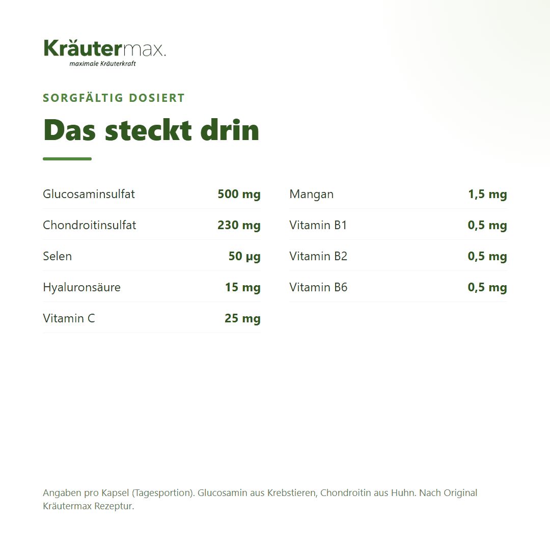 Informationen zu Kräutermax Qualität: Nach Originalrezeptur, pflanzliche Kapselhülle, laktose- & glutenfrei, ohne Farbstoffe.