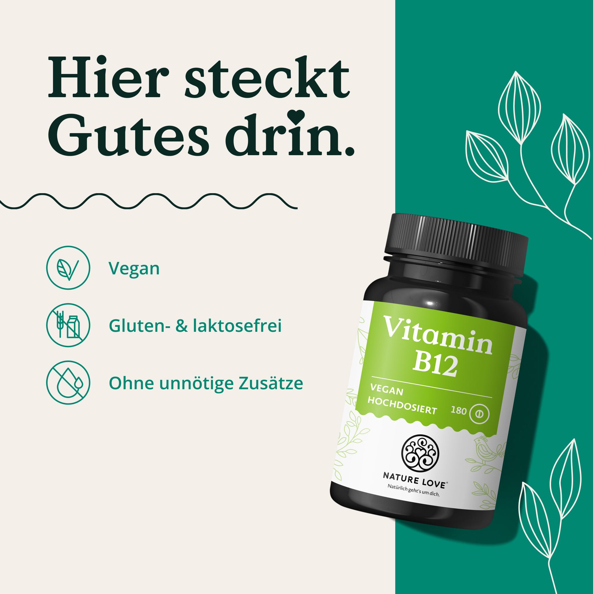 NATURE LOVE Vitamin B12: Vegan, gluten- & laktosefrei, ohne unnötige Zusätze. 180 Tabletten.