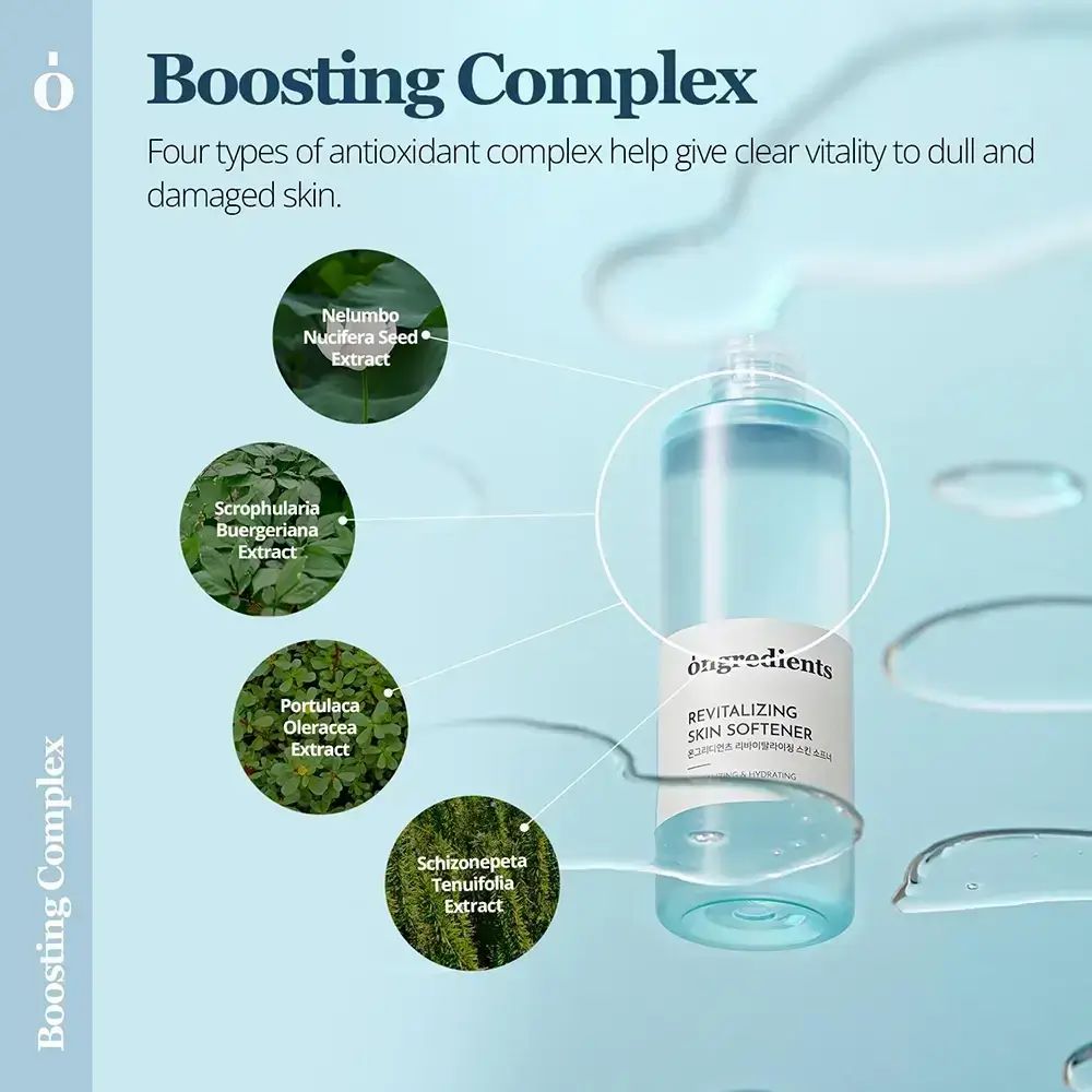 Produktflasche mit Text und Grafiken. Text: Ongredients, Revitalizing Skin Softener. Grafiken von Pflanzen und Wassertropfen.