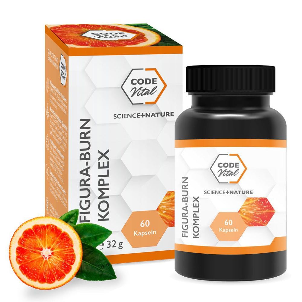 Produktverpackung und Flasche. Text: Figura-Burn Komplex, 60 Kapseln, 32g. CODE Vital. Orangefarbene Frucht und Blätter.