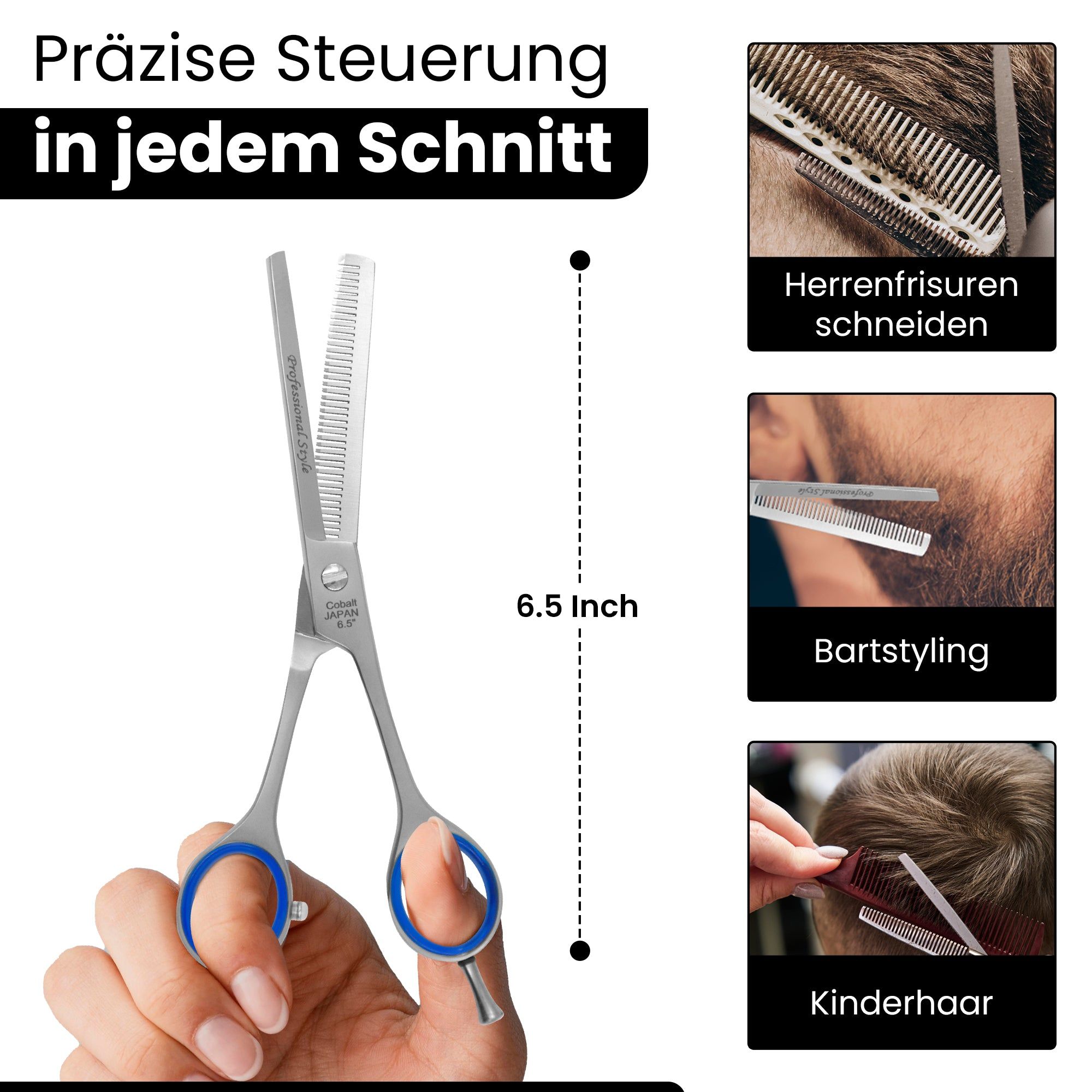 Effilierschere, 6,5 Zoll. Blaue Ringe. Text: Cobalt Japan 6.5. Präzise Steuerung in jedem Schnitt. Anwendungsbeispiele.