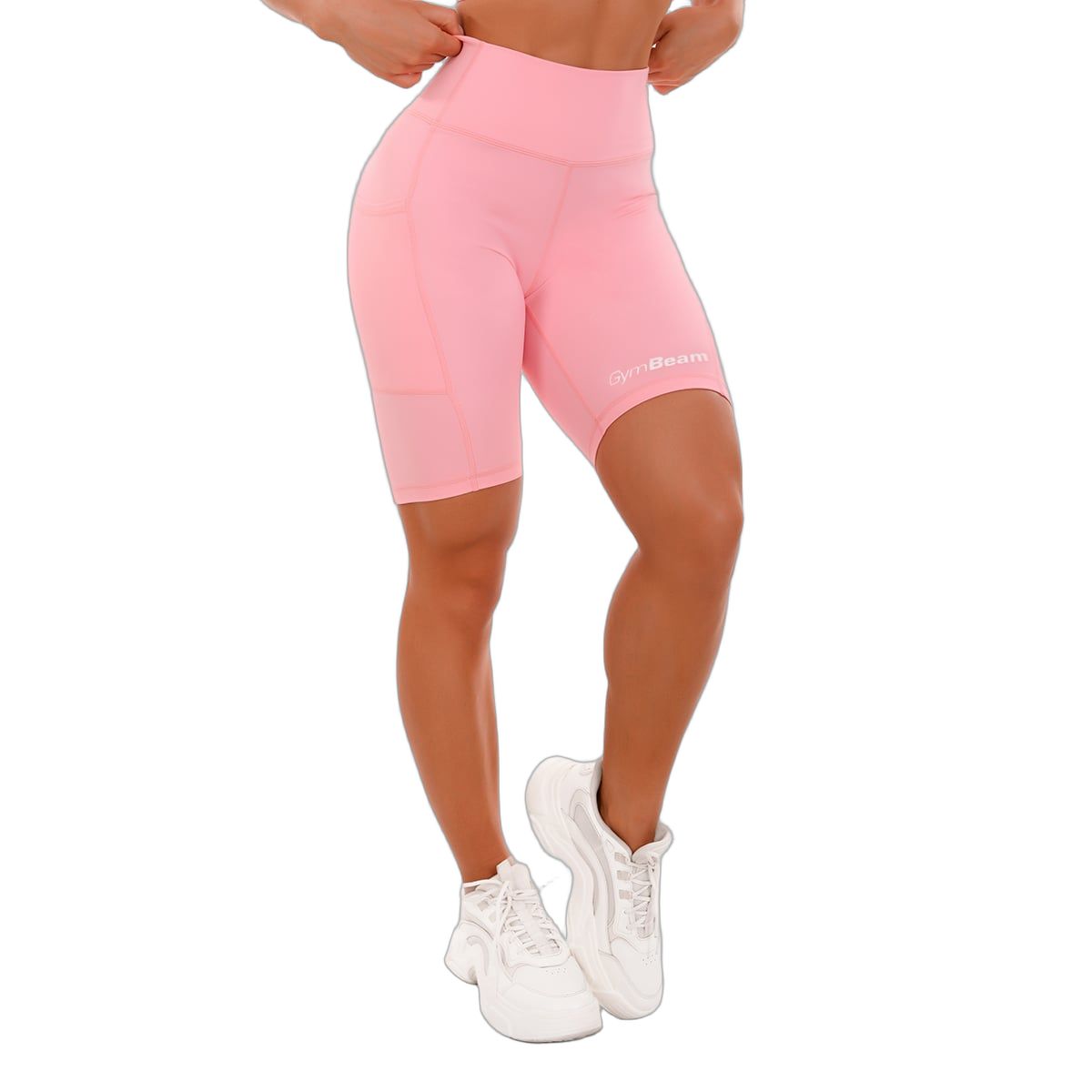 Pinke Damen-Biker-Shorts mit Taschen und GymBeam-Logo.