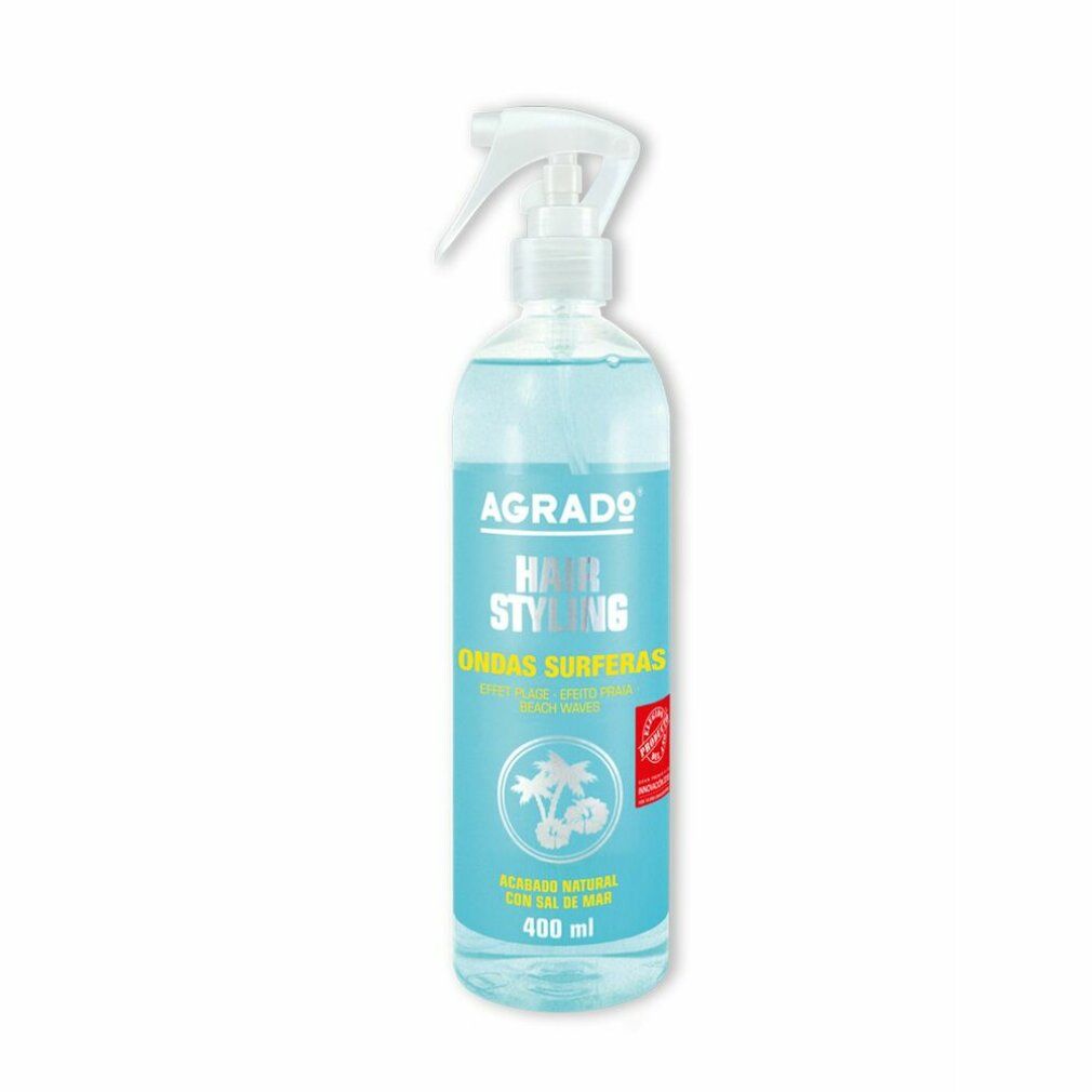 Sprühflasche mit blauem Inhalt. Aufschrift: AGRADO Hair Styling Ondas Surferas. 400 ml.