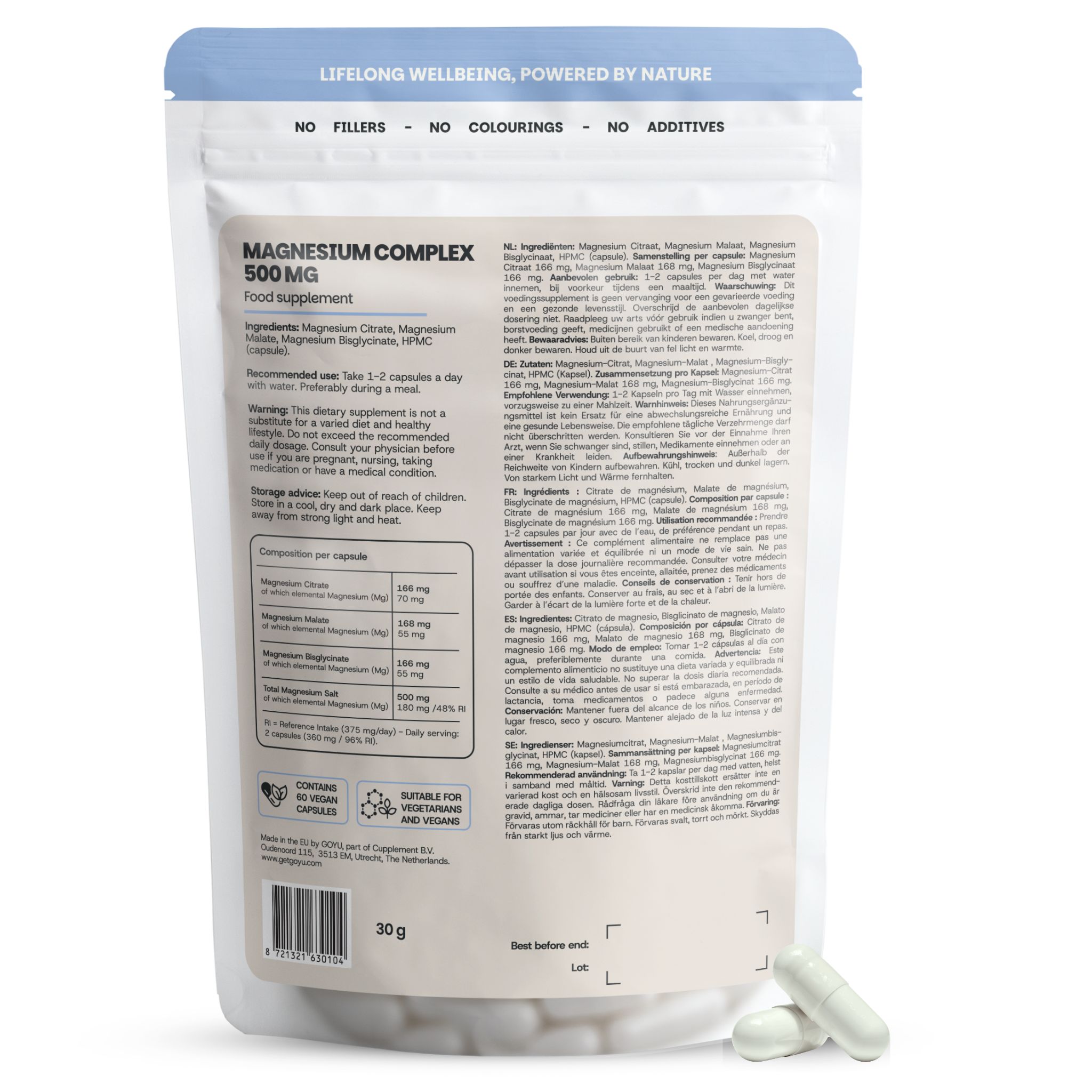 Rückseite einer Magnesium Complex Verpackung mit Nährwertangaben und Inhaltsstoffen.
