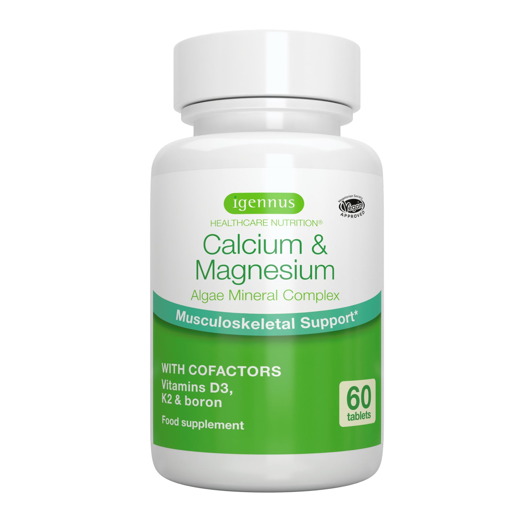 Weiße Flasche mit Igennus Calcium & Magnesium Algen Mineral Komplex, 60 Tabletten.