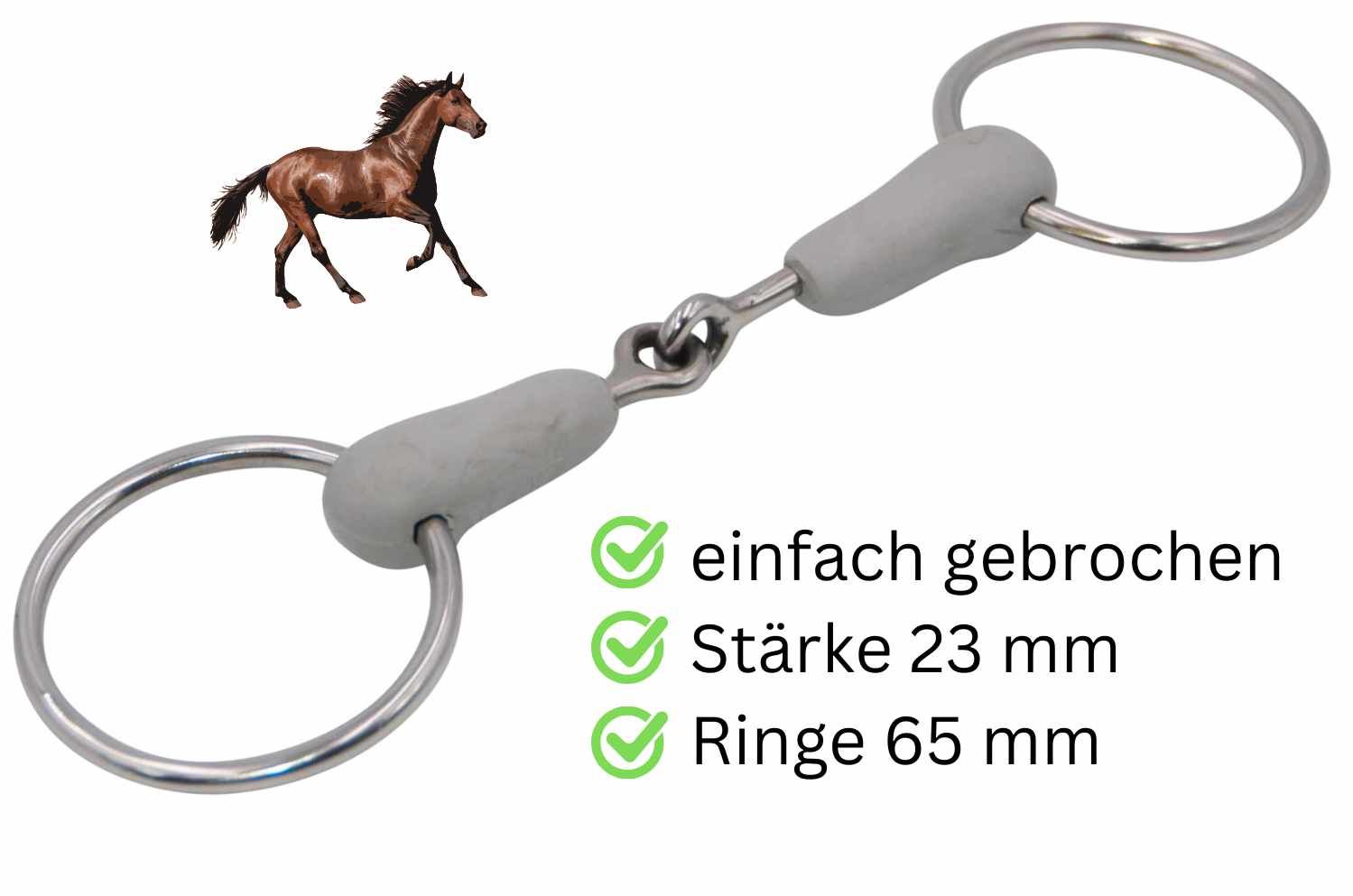 Gebrochene Kunststoff-Wassertrense mit Edelstahlringen. Stärke 23 mm, Ringe 65 mm. Text: einfach gebrochen.