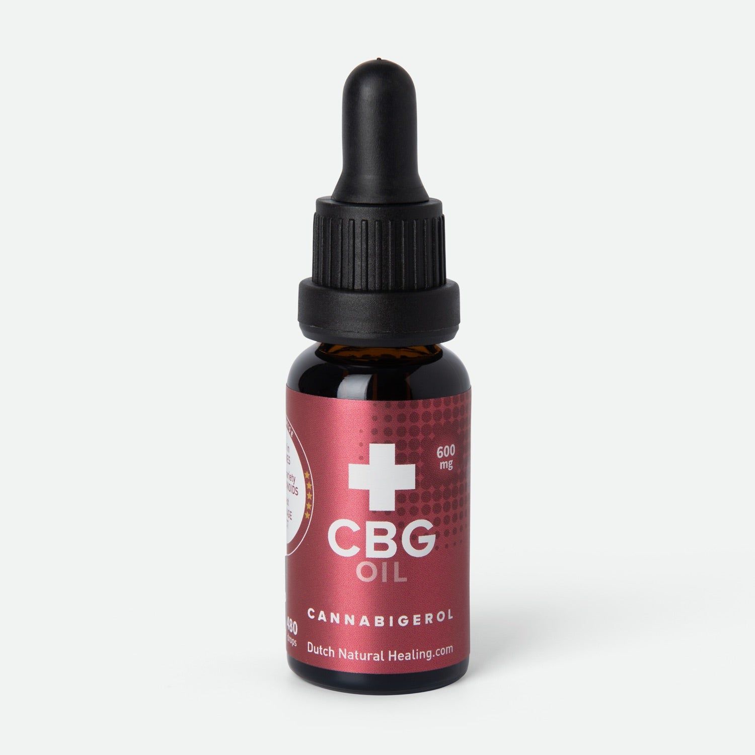 Braune Glasflasche mit schwarzem Tropfer. Rotes Etikett mit weißem Kreuz und CBG OIL-Schriftzug. Text: Cannabigerol, Dutch Natural Healing.