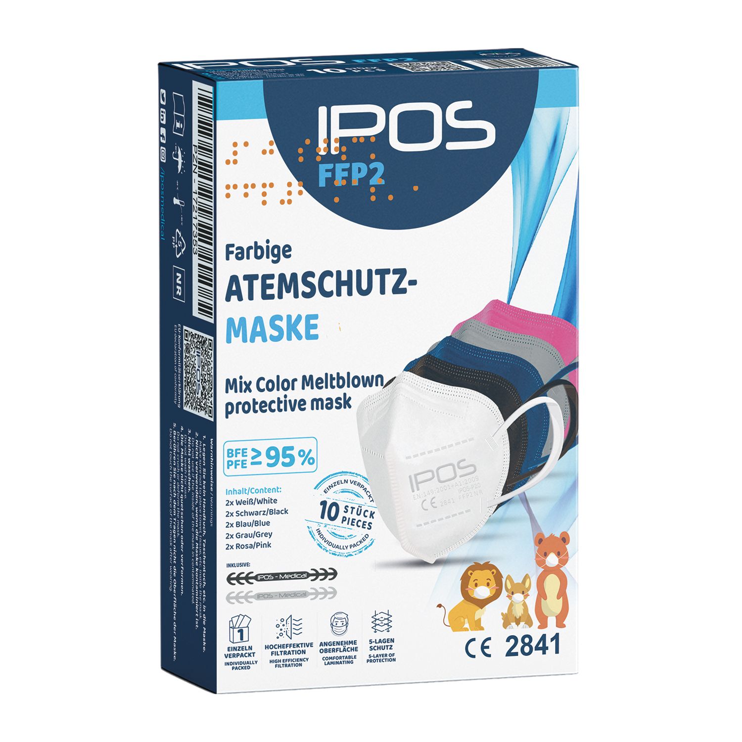 Verpackung mit IPOS FFP2 Atemschutzmasken. Enthält 10 Stück in verschiedenen Farben. Mit CE-Kennzeichnung und BFE ≥95%.