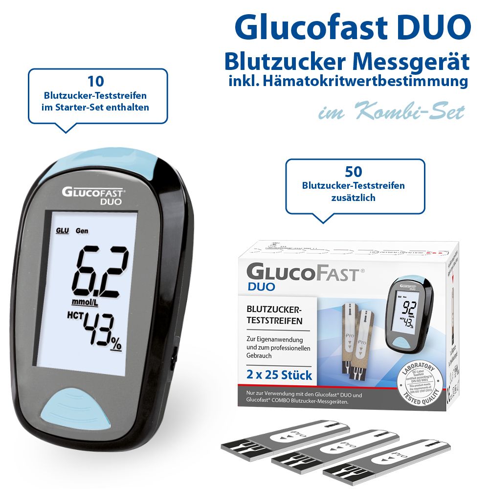 Glucofast® Duo Blutzuckermessgerät Kombiset mit 1 Packung Teststreifen (mg/dL)