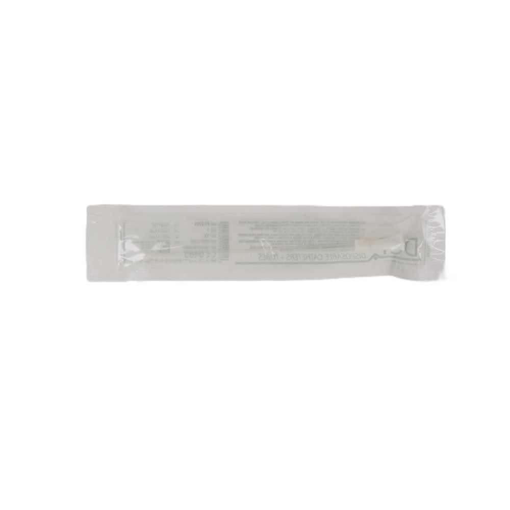 Verpackter DCT Nelaton-Frauenkatheter CH12. Transparente, versiegelte Verpackung mit Produktinformationen.
