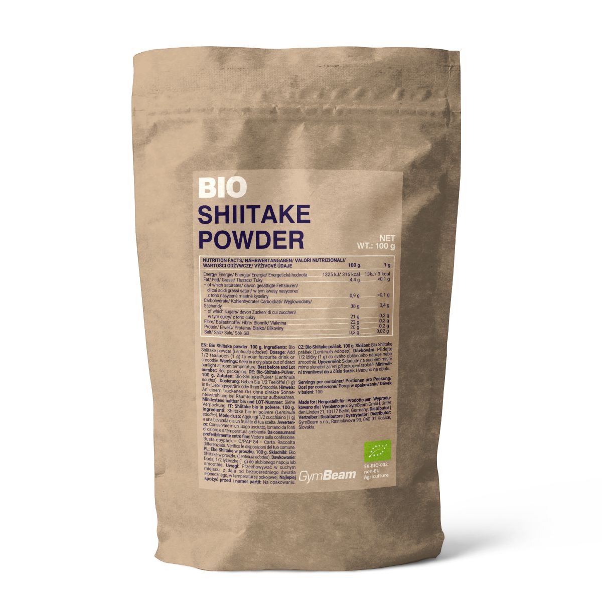 Braune Papiertüte mit BIO SHIITAKE PULVER Aufschrift und Nährwertangaben. Enthält Bio-Siegel.