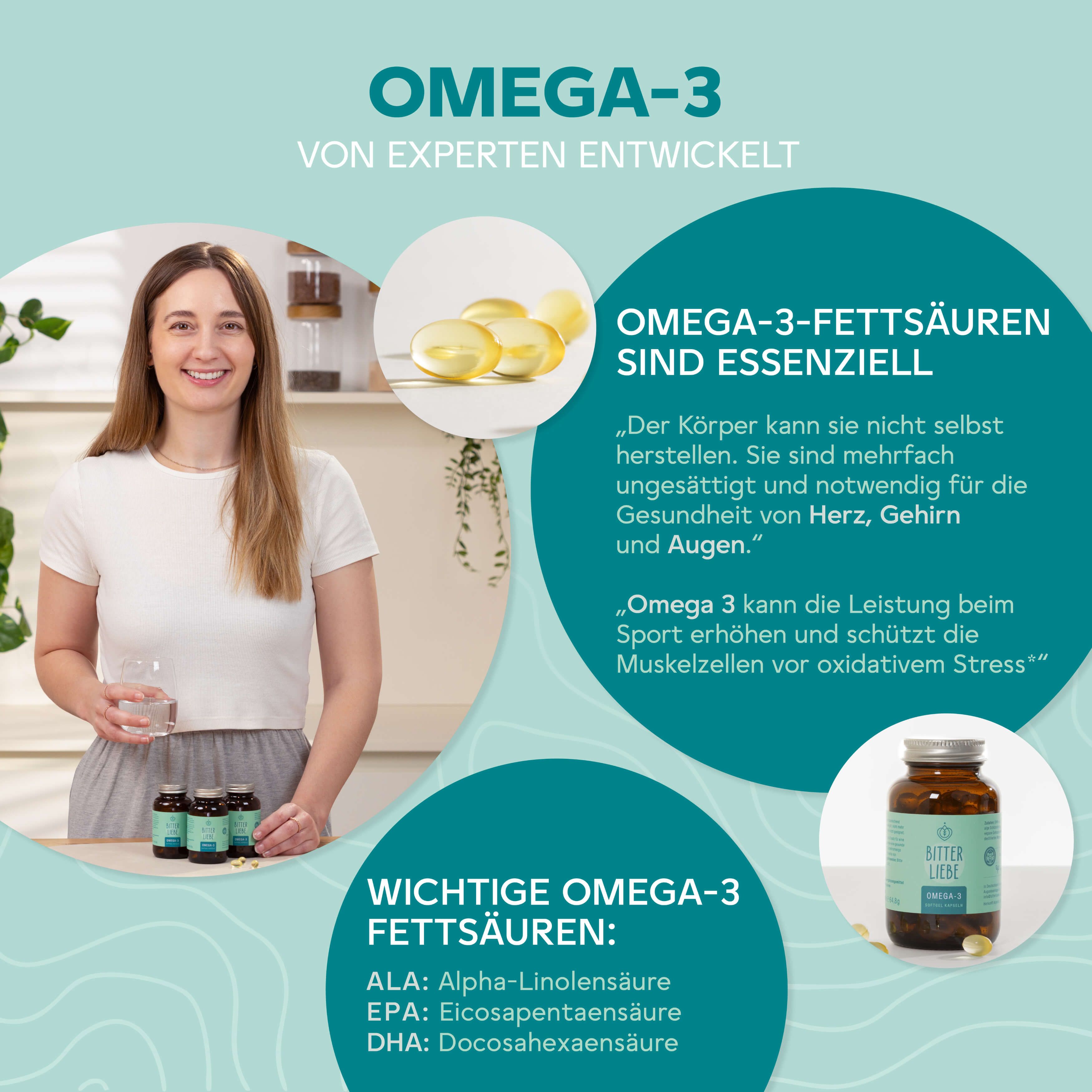 Frau mit Glas Wasser neben drei Flaschen Omega-3-Kapseln und einer größeren Flasche. Nahaufnahme von Omega-3-Kapseln.