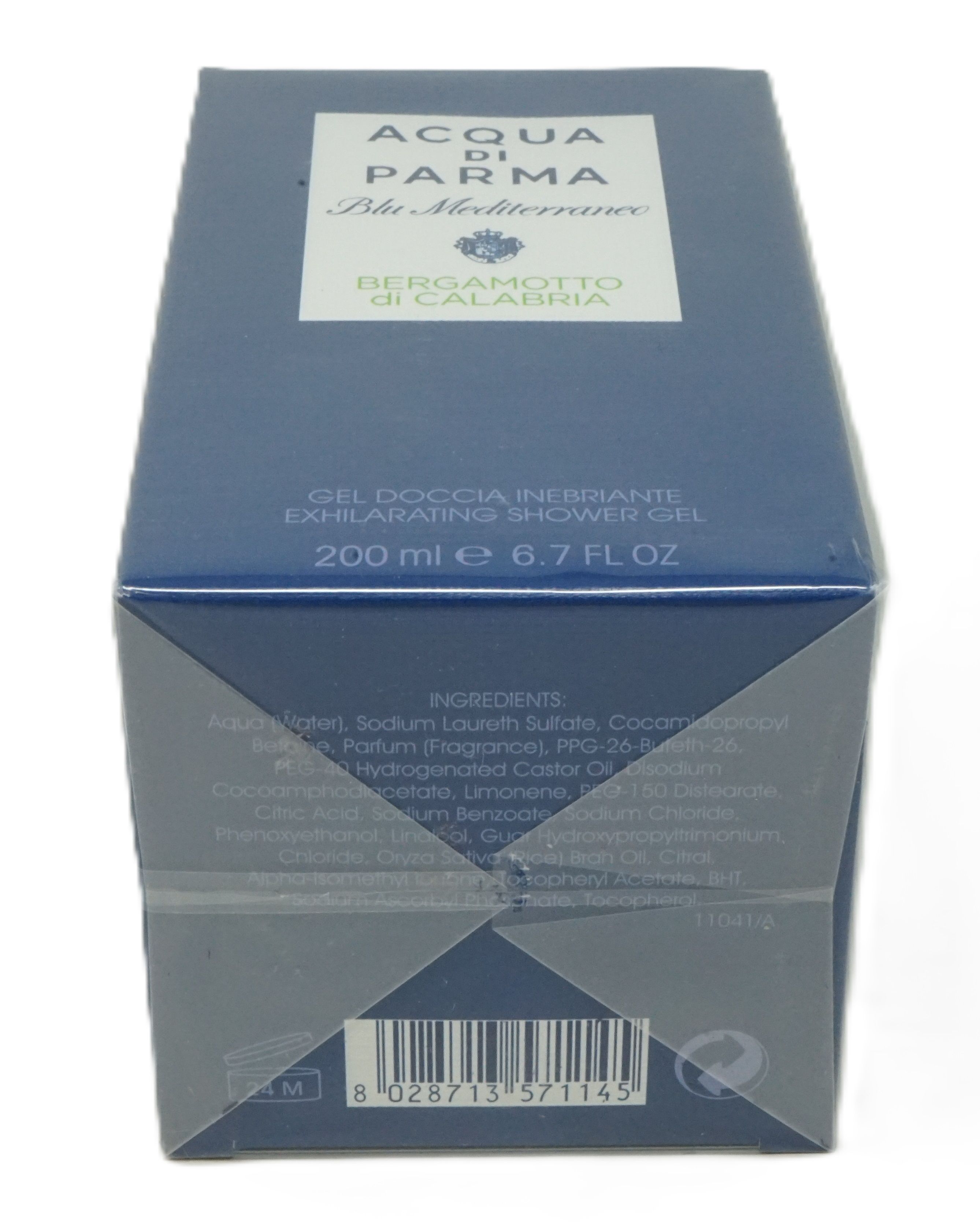 Rückseite der blauen Verpackung von Acqua di Parma Duschgel. Enthält Inhaltsstoffe und Barcode. Text: "Bergamotto di Calabria".