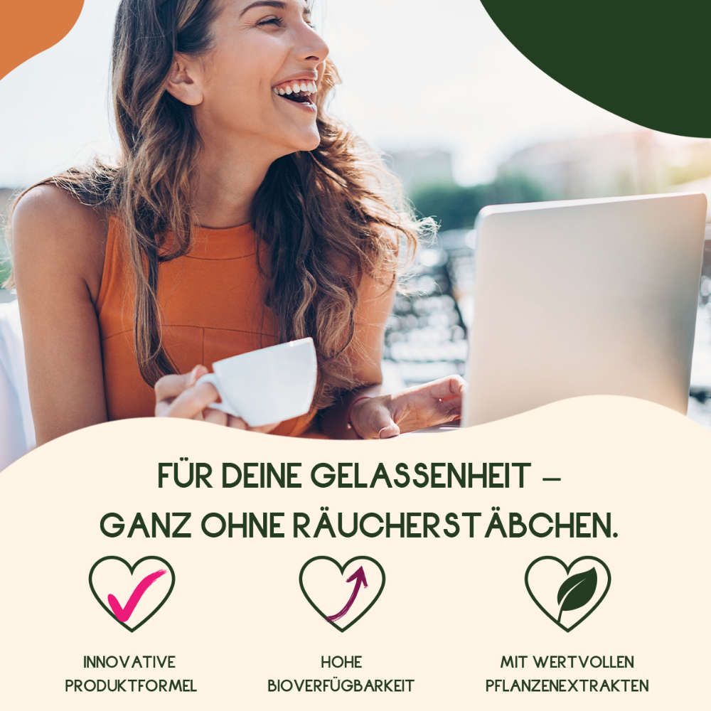 Frau lächelt. Text: Für deine Gelassenheit. Innovative Produktformel, hohe Bioverfügbarkeit, mit wertvollen Pflanzenextrakten.