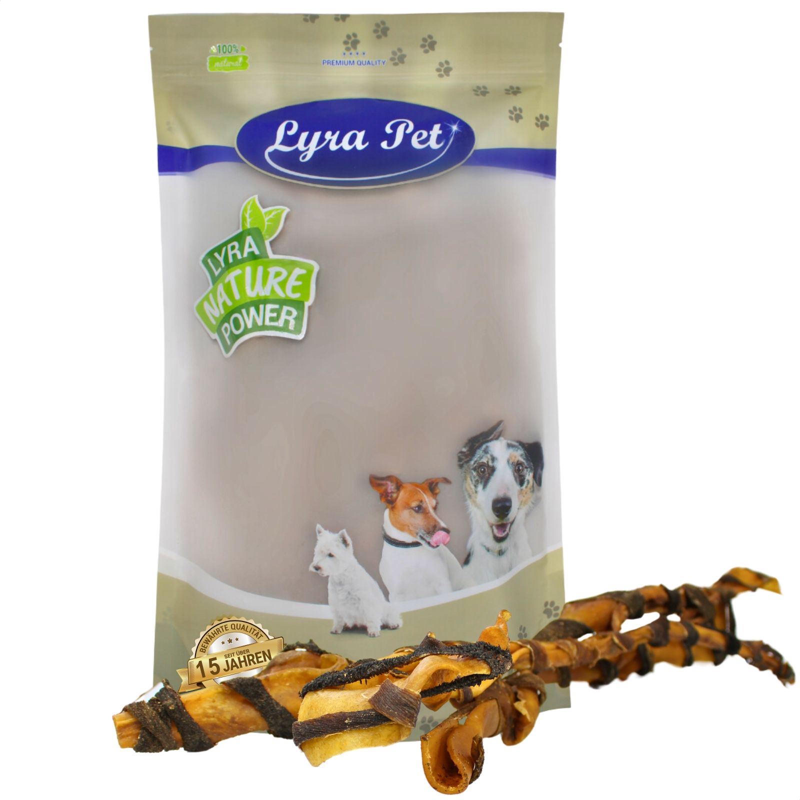 Lyra Pet® Verpackung mit Rinderkopfhautstange mit Pansen.