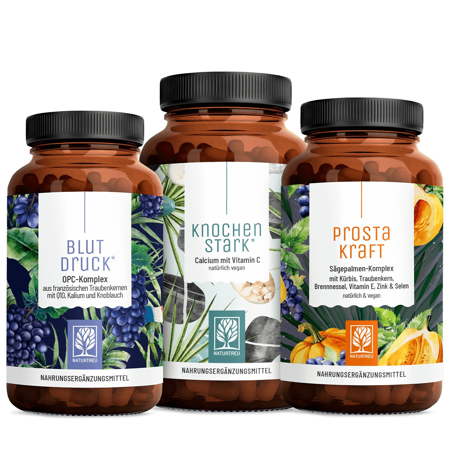Drei braune Pillendosen mit Etiketten. Aufschrift: BLUTDRUCK, KNOCHENSTARK, PROSTAKRAFT. Naturtreu Logo.