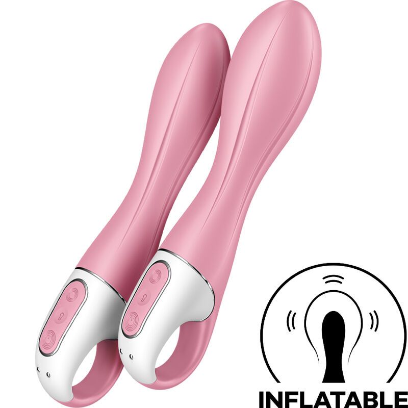 Zwei rosa Vibratoren. Weißer Bereich am Ende. Inflatable-Logo.