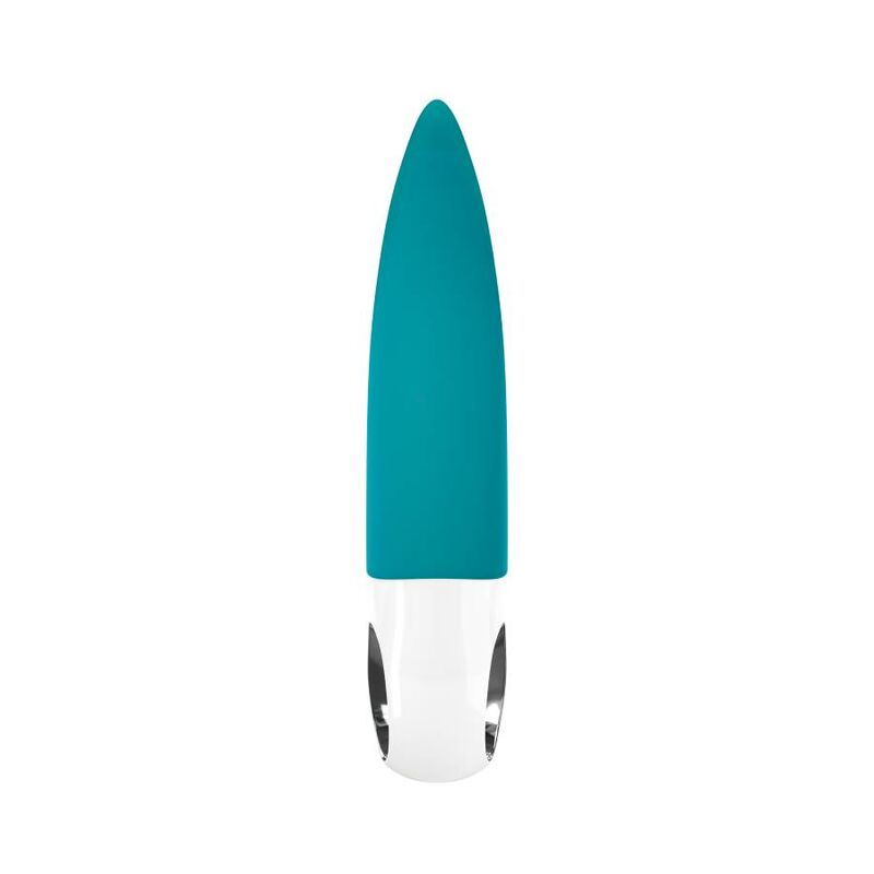 Türkiser Vibrator mit weißem Griff, spitz zulaufend.