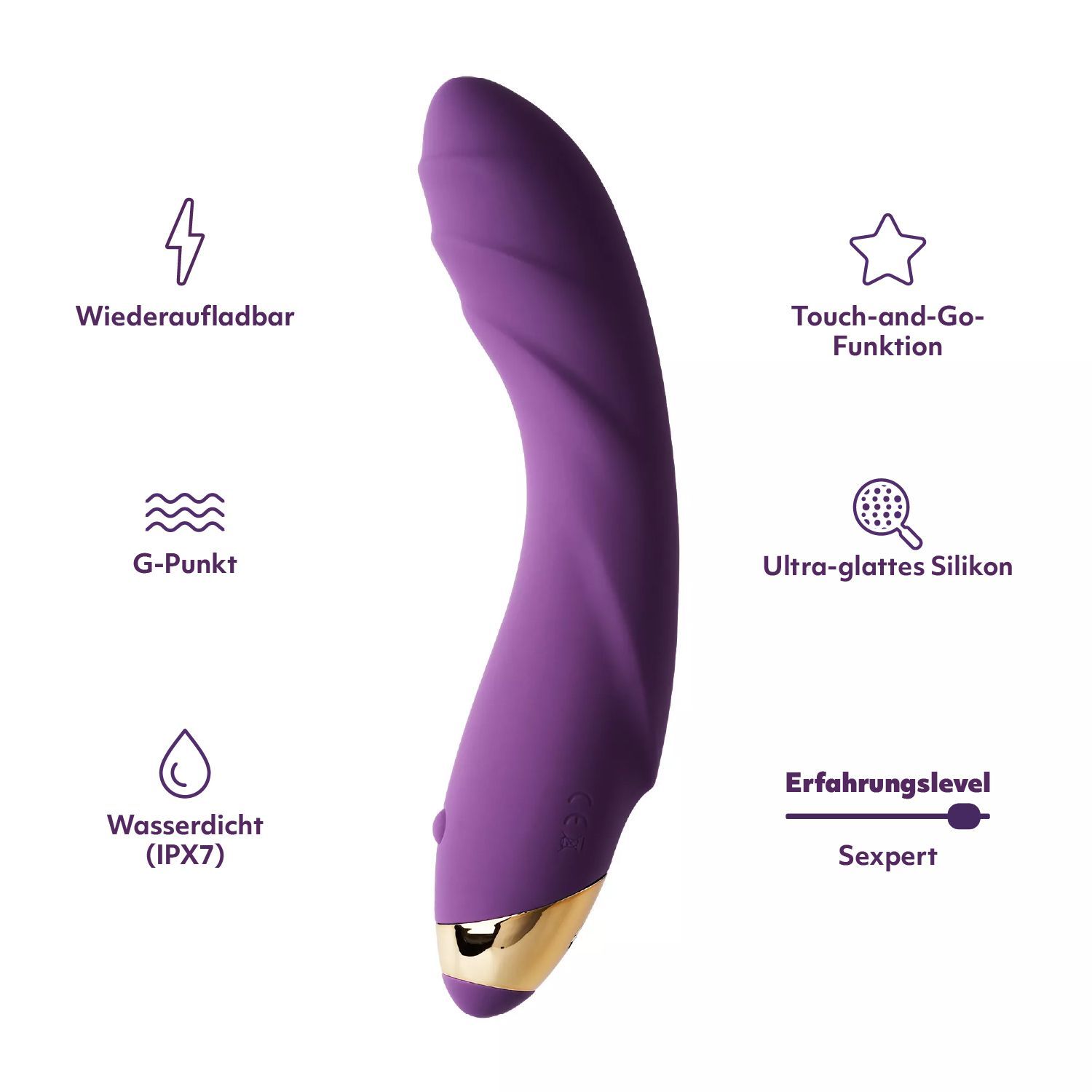 Lila Vibrator mit goldenem Akzent, mit Symbolen für Wiederaufladbar, G-Punkt, Wasserdicht (IPX7), Touch-and-Go, Silikon.