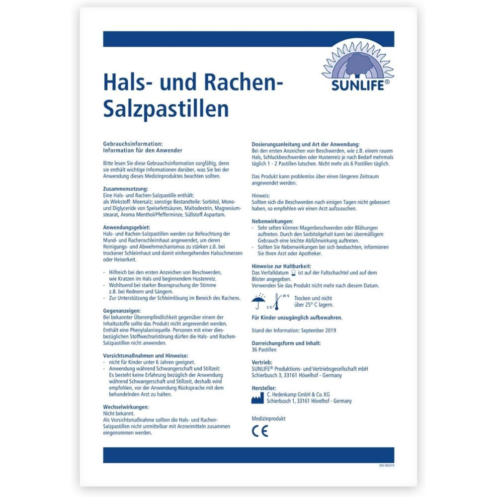 Seite mit Informationen zu Sunlife Hals- und Rachen-Salzpastillen. Gebrauchsinformationen und Inhaltsstoffe.