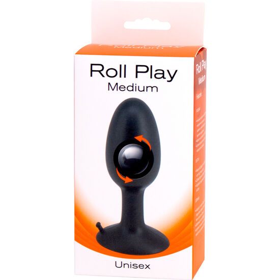 Verpackung für einen schwarzen Silikon-Plug, "Roll Play Medium" aufgedruckt.