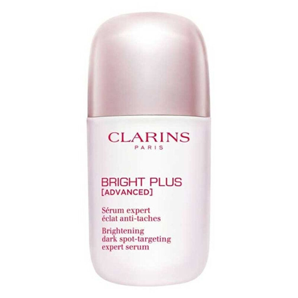 Weißes Serum mit rosafarbenem Deckel. Aufschrift: CLARINS PARIS, BRIGHT PLUS [ADVANCED]. Text: Sérum expert éclat anti-taches, Brightening dark spot-targeting expert serum.