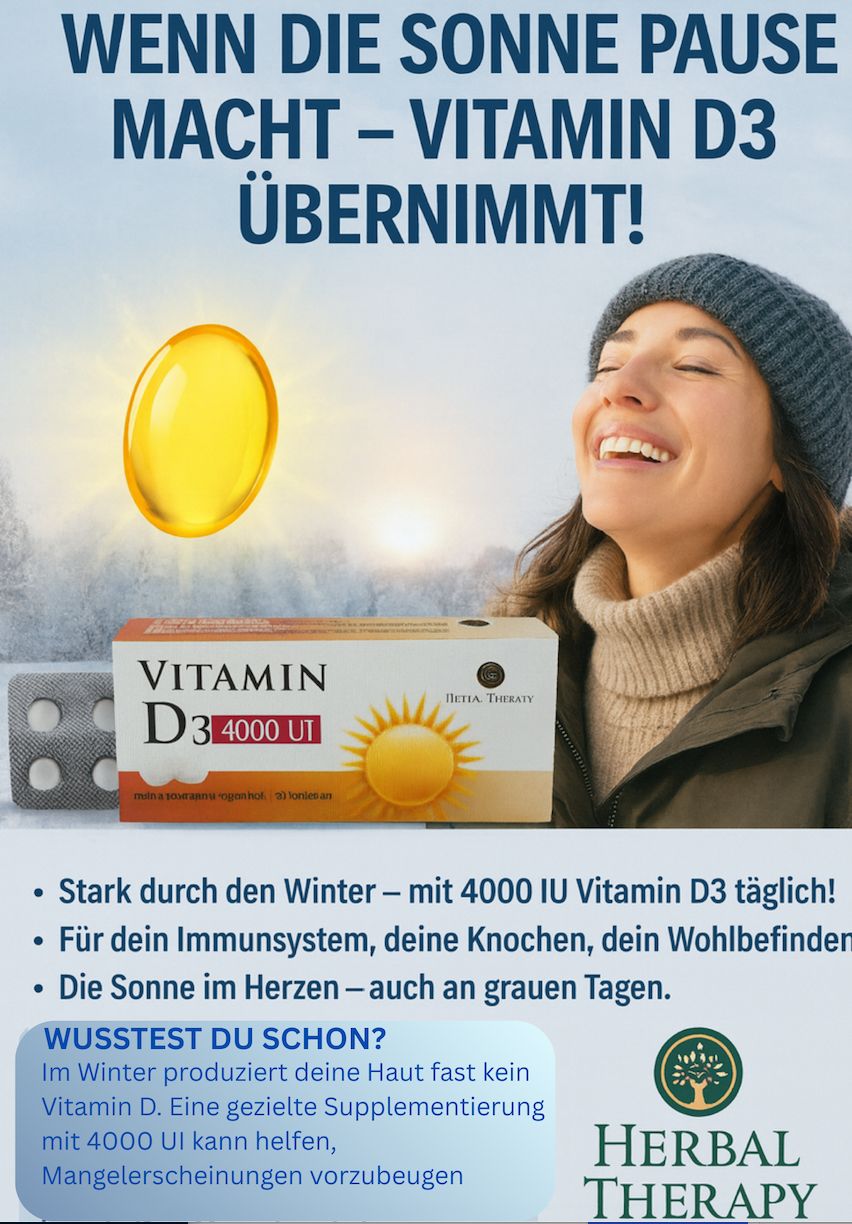 Werbebild mit Frau, Vitamin D3 4000 UI-Packung und Kapsel. Text: Vitamin D3 4000 UI, Herbal Therapy. Stark durch den Winter.