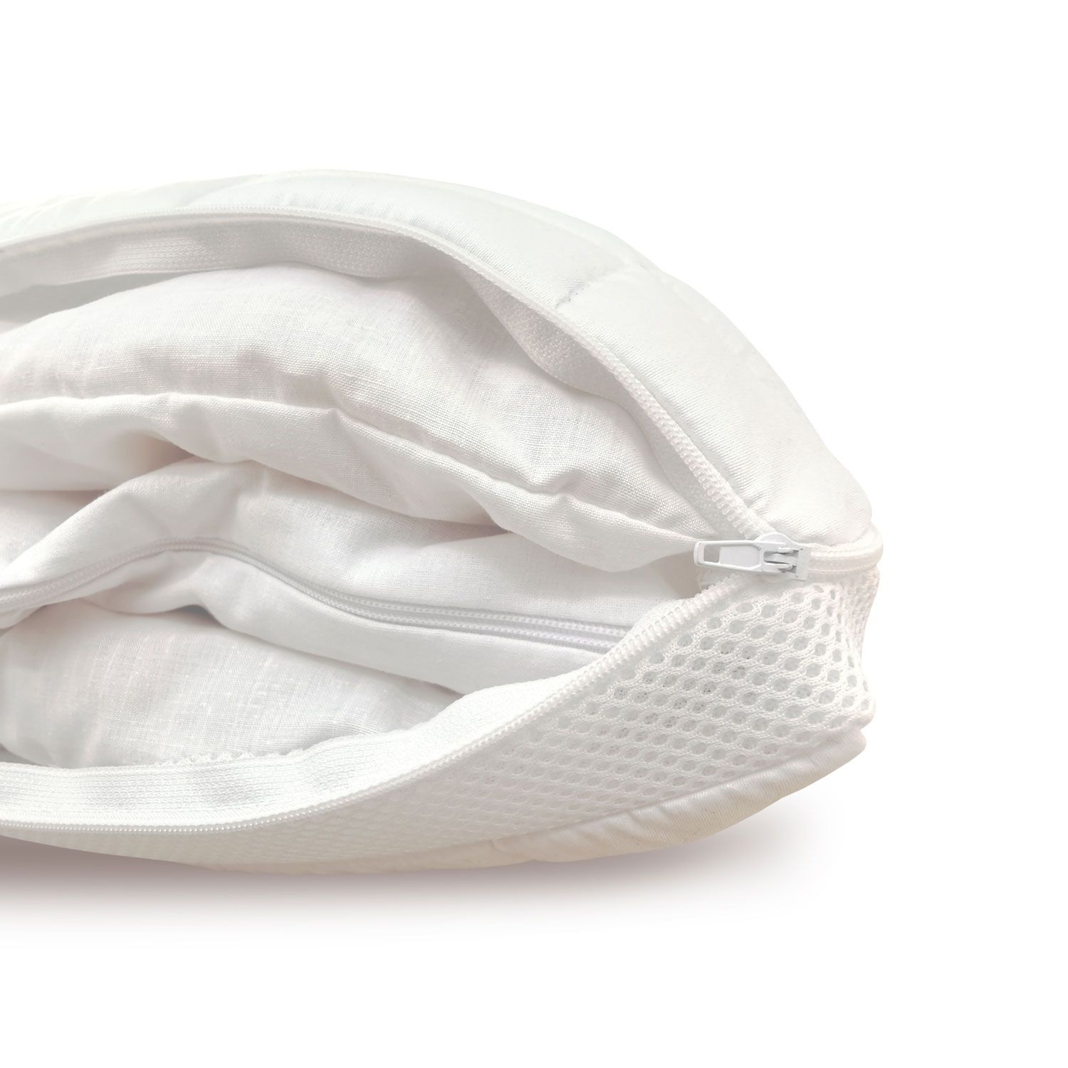 Nahaufnahme des Kissens. Reißverschluss. Mesh-Gewebe für Luftdurchlässigkeit.