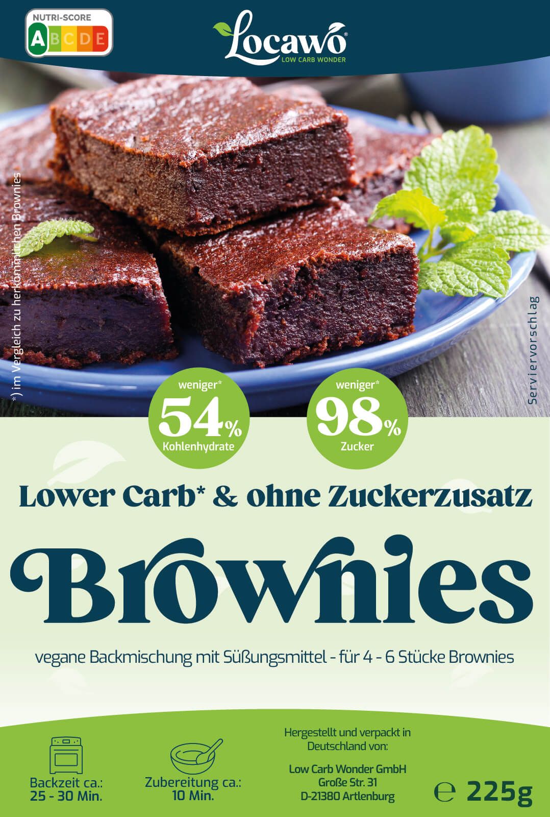 Verpackung mit Abbildung von Brownies auf blauem Teller. Text: Locawo, Brownies, Lower Carb & ohne Zuckerzusatz. Angaben zu Nährwerten.