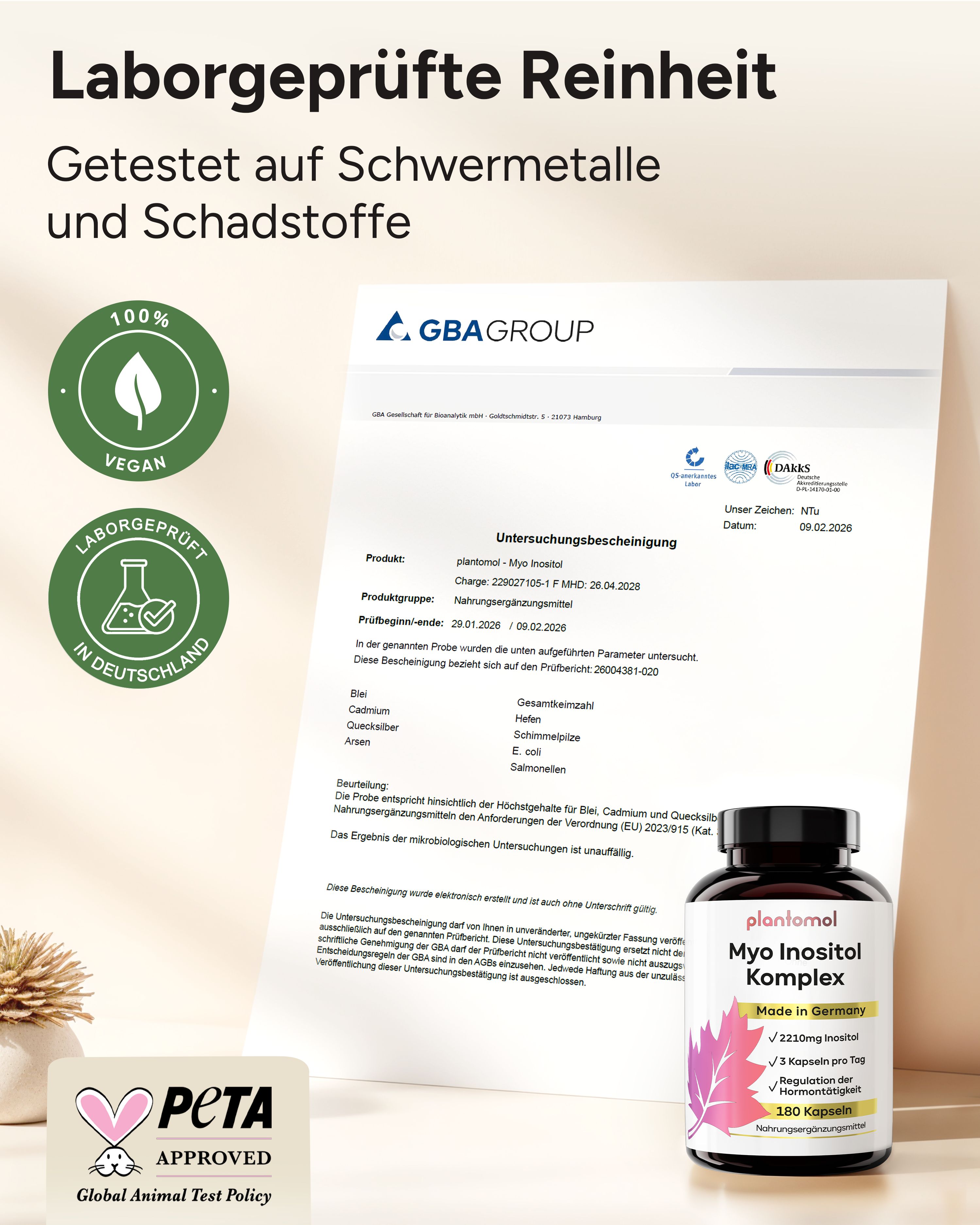 Zertifikat mit Text: Laborgeprüfte Reinheit. Getestet auf Schwermetalle und Schadstoffe. Vegan, Laborgeprüft in Deutschland, PETA Approved.