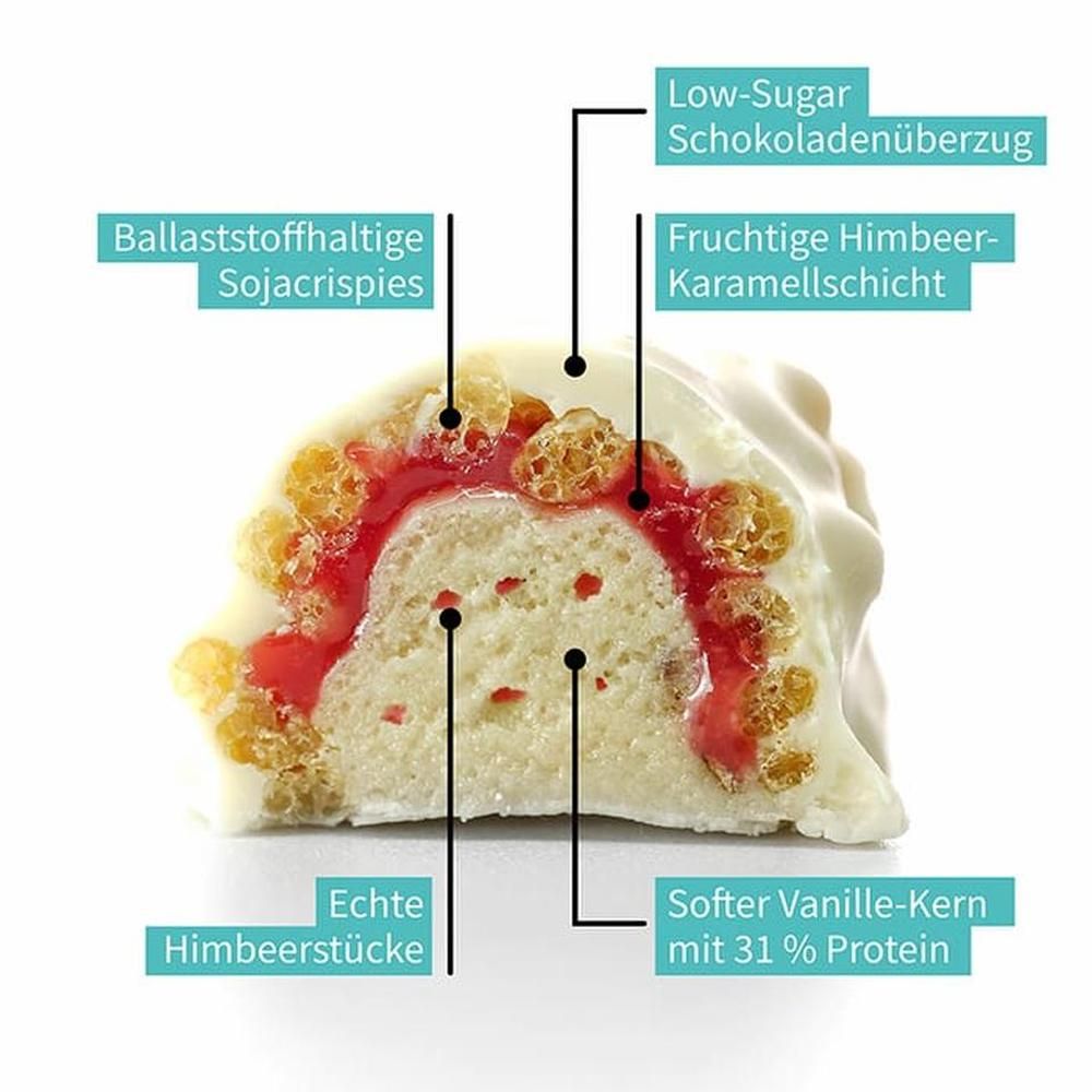 Geschnittener Riegel mit Schokoladenüberzug, Sojacrispies, Himbeer-Karamellschicht, Vanille-Kern und Himbeerstücken. Textbeschriftungen.
