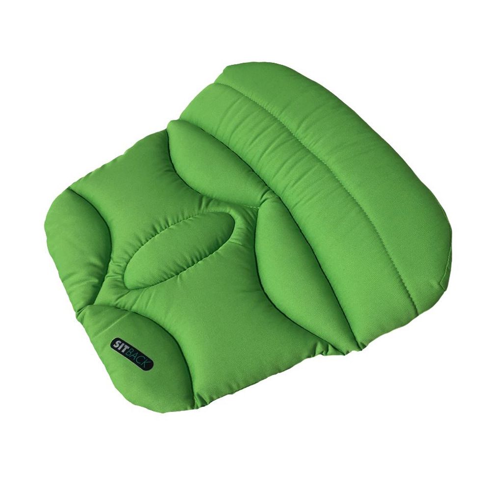 Grünes Keilkissen mit gepolsterten Bereichen. Sichtbares Logo: SITBACK. Rechteckige Form.