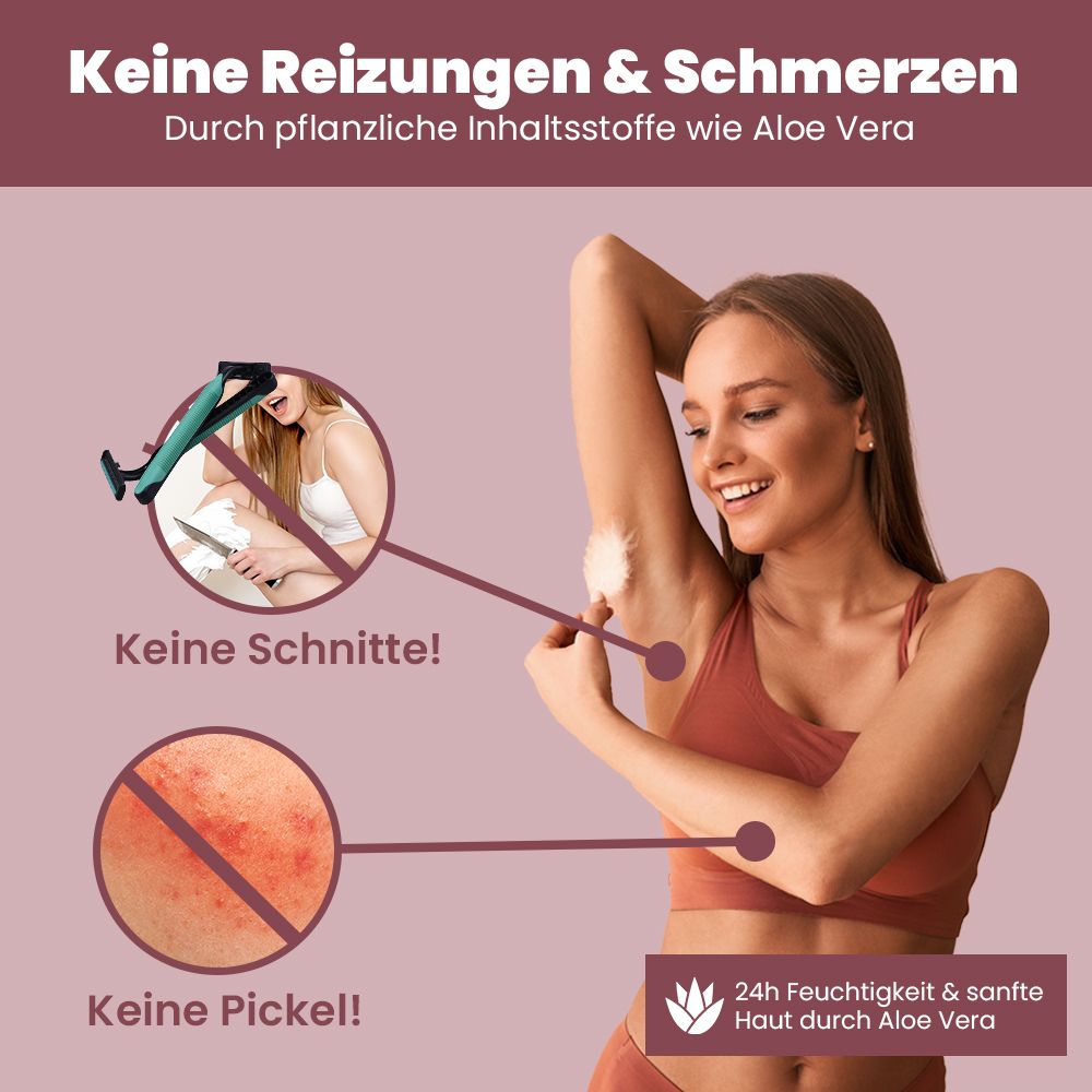 Frau mit Arm. Keine Schnitte, keine Pickel. Durch pflanzliche Inhaltsstoffe wie Aloe Vera. 24h Feuchtigkeit & sanfte Haut.