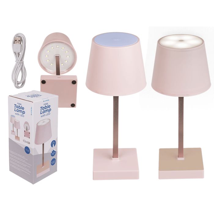 Tischlampe mit LED, rosa, mit Verpackung und USB-Kabel. Gezeigt: Lampe, Unterseite, beleuchtet.