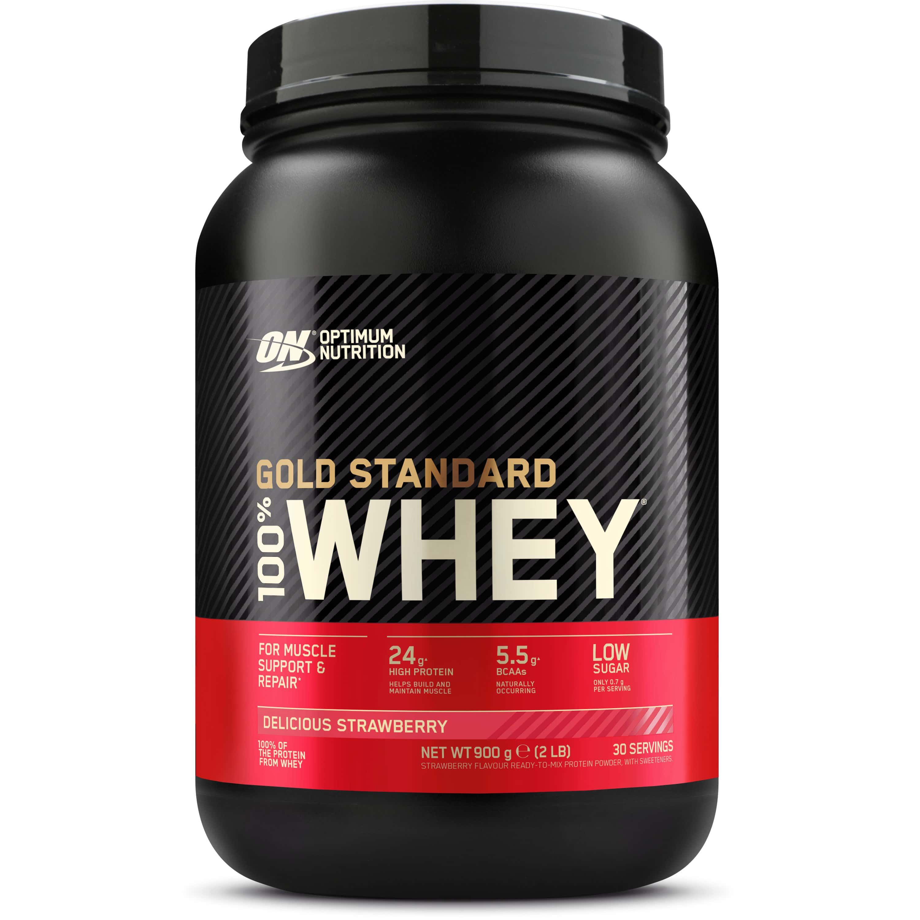 Schwarze Dose mit "OPTIMUM NUTRITION Gold Standard 100% Whey". Roter Streifen mit Text. Erdbeergeschmack. 900g.