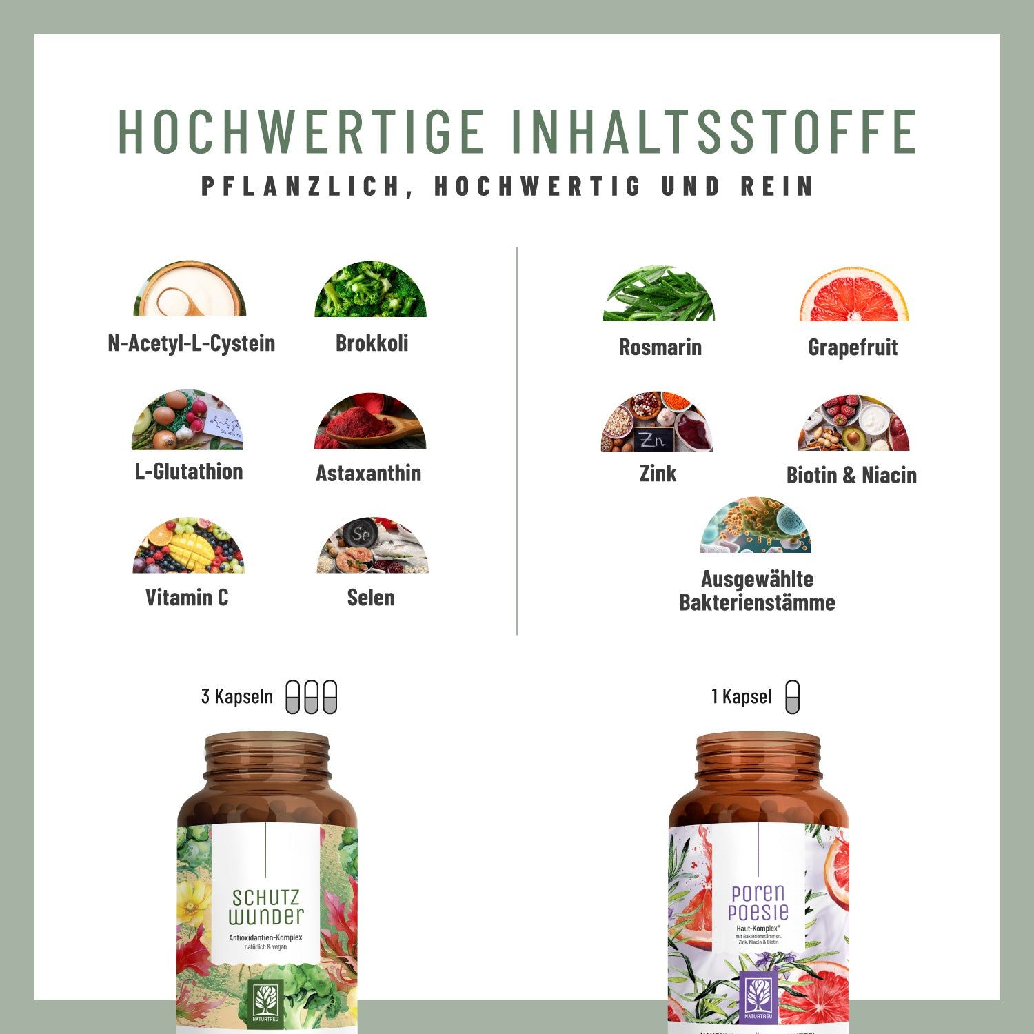 Infografik mit Zutaten: Brokkoli, Rosmarin, Grapefruit, Zink, Biotin, etc. Zwei Kapsel-Fläschchen. Text: Hochwertige Inhaltsstoffe.