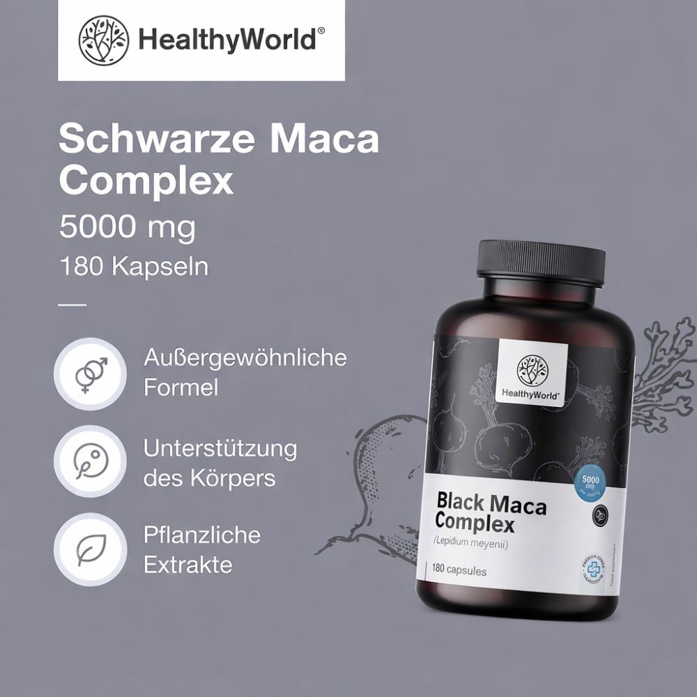 Produktflasche, Maca-Pflanze und Kapseln. Text: Schwarze Maca Complex 5000 mg, 180 Kapseln. Logo.
