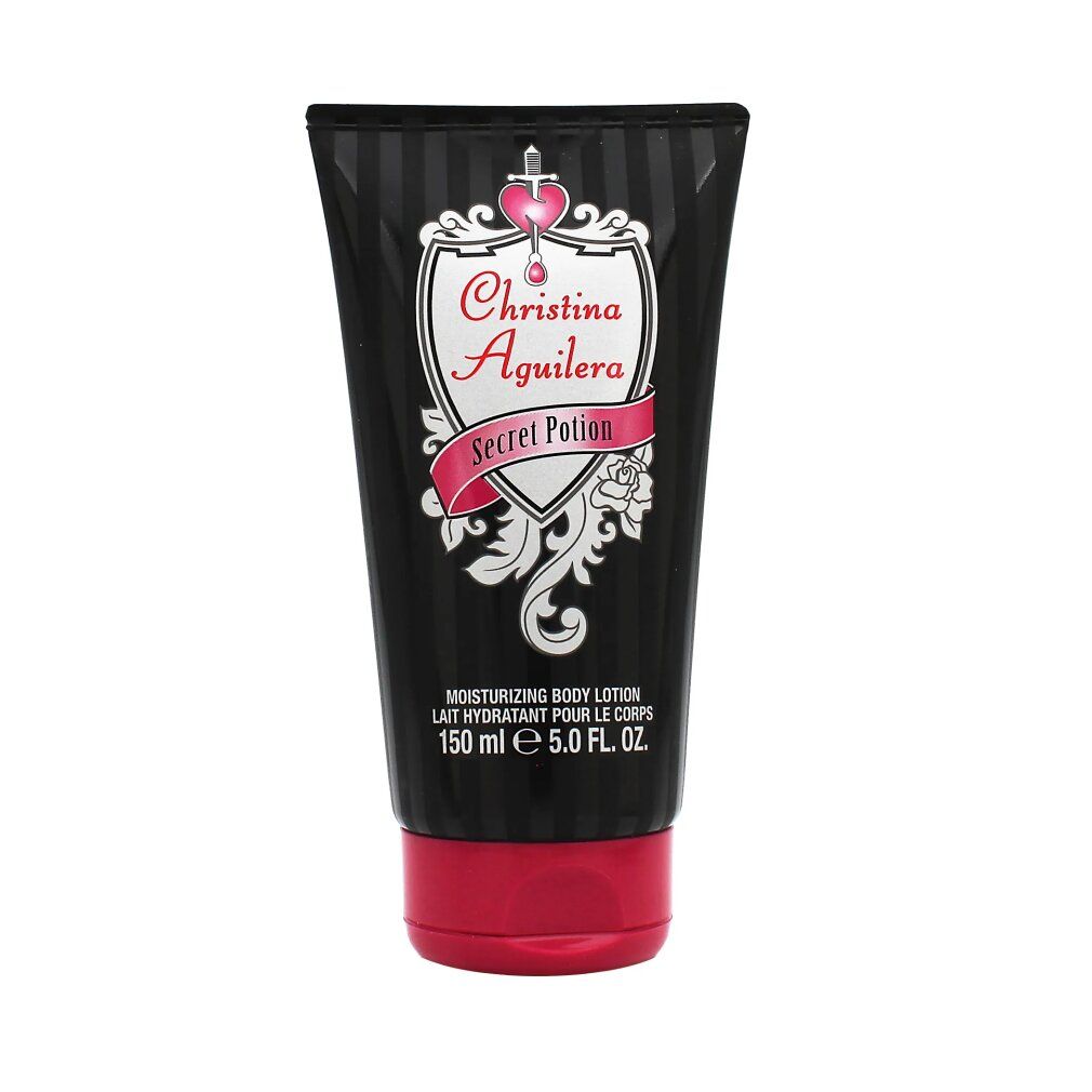 Christina Aguilera Secret Potion Körperlotion in schwarzer Tube mit pinkem Verschluss. 150 ml.