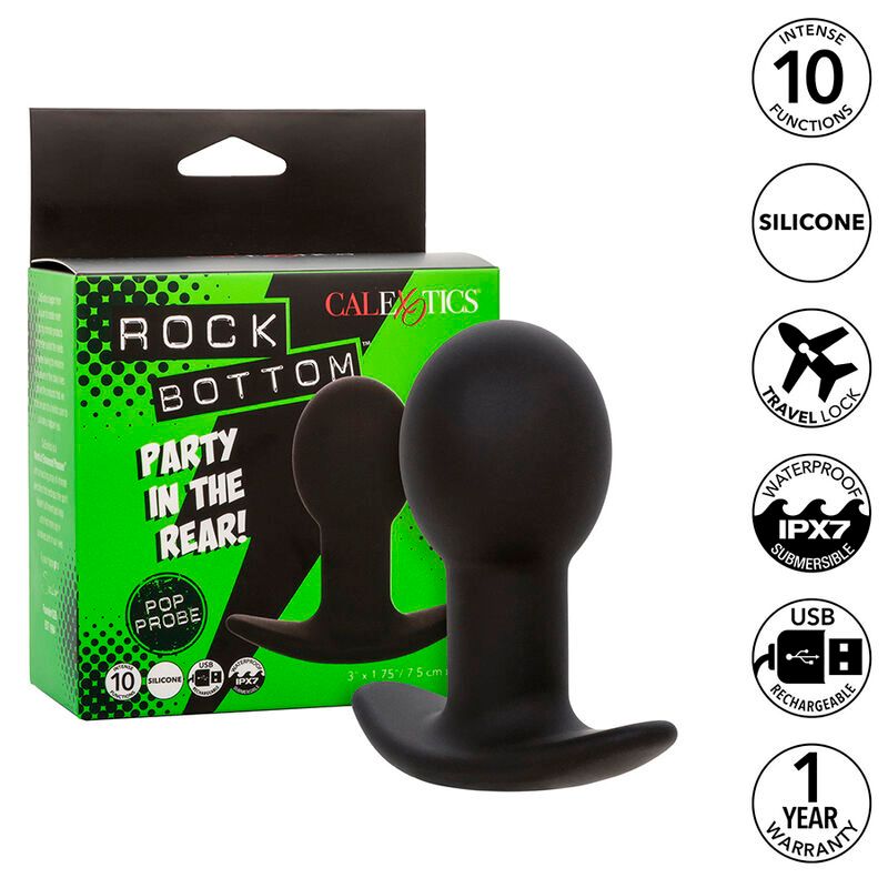 Schwarzer Analplug mit Verpackung. Verpackung mit Produktnamen, Logos und Icons für Funktionen wie Silikon und Aufladung.