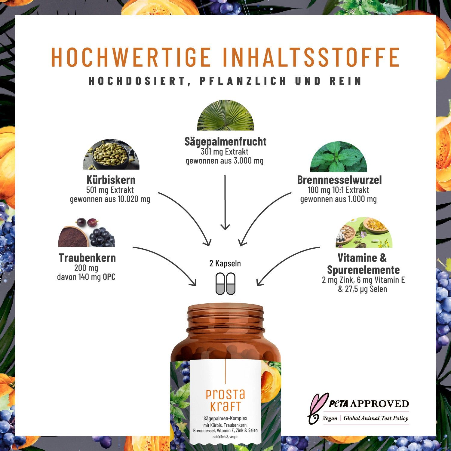 Infografik mit Inhaltsstoffen: Kürbiskern, Sägepalmenfrucht, Brennnesselwurzel, Traubenkern, Vitamine & Spurenelemente. Flasche PROSTAKRAFT.