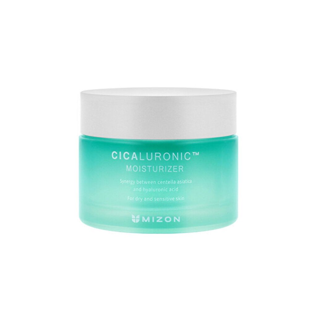 Türkisgrüner Tiegel mit weißem Deckel. Aufschrift: CICALURONIC MOISTURIZER, MIZON Logo. Für trockene und empfindliche Haut.