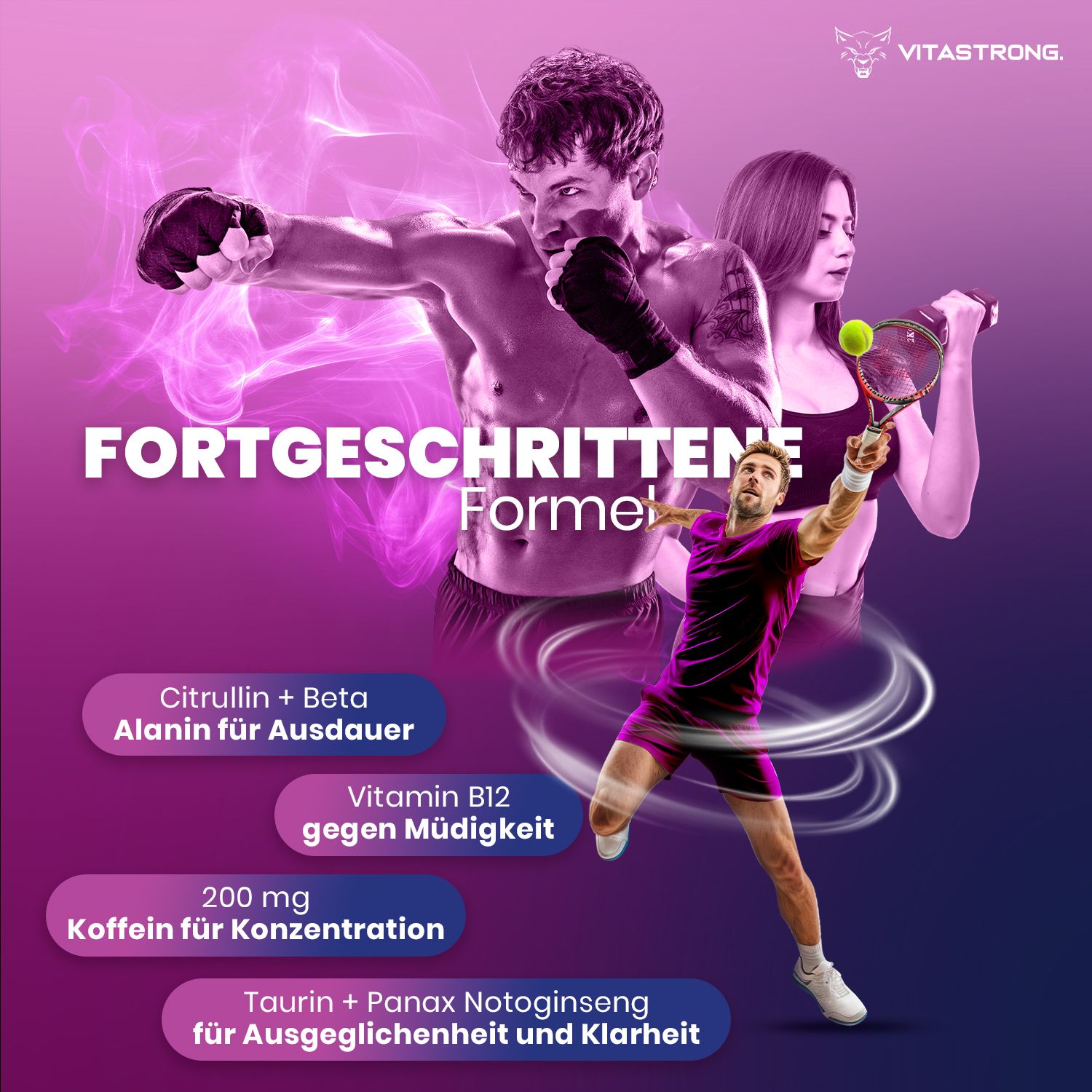 Vitastrong Energy Berries. Formel, Sportler, Tennisspieler, Boxer. Inhaltsstoffe: Citrullin, Beta Alanin, Vitamin B12.