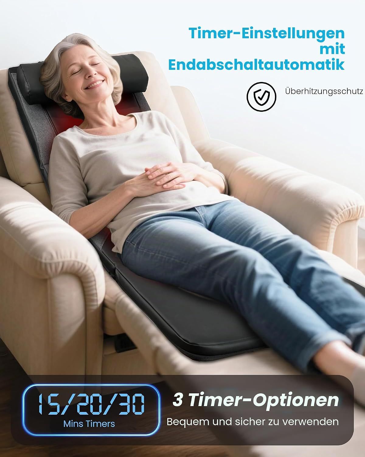 Massagegerät mit abnehmbarem D-Griff und Snap-Lock-Verbindung.