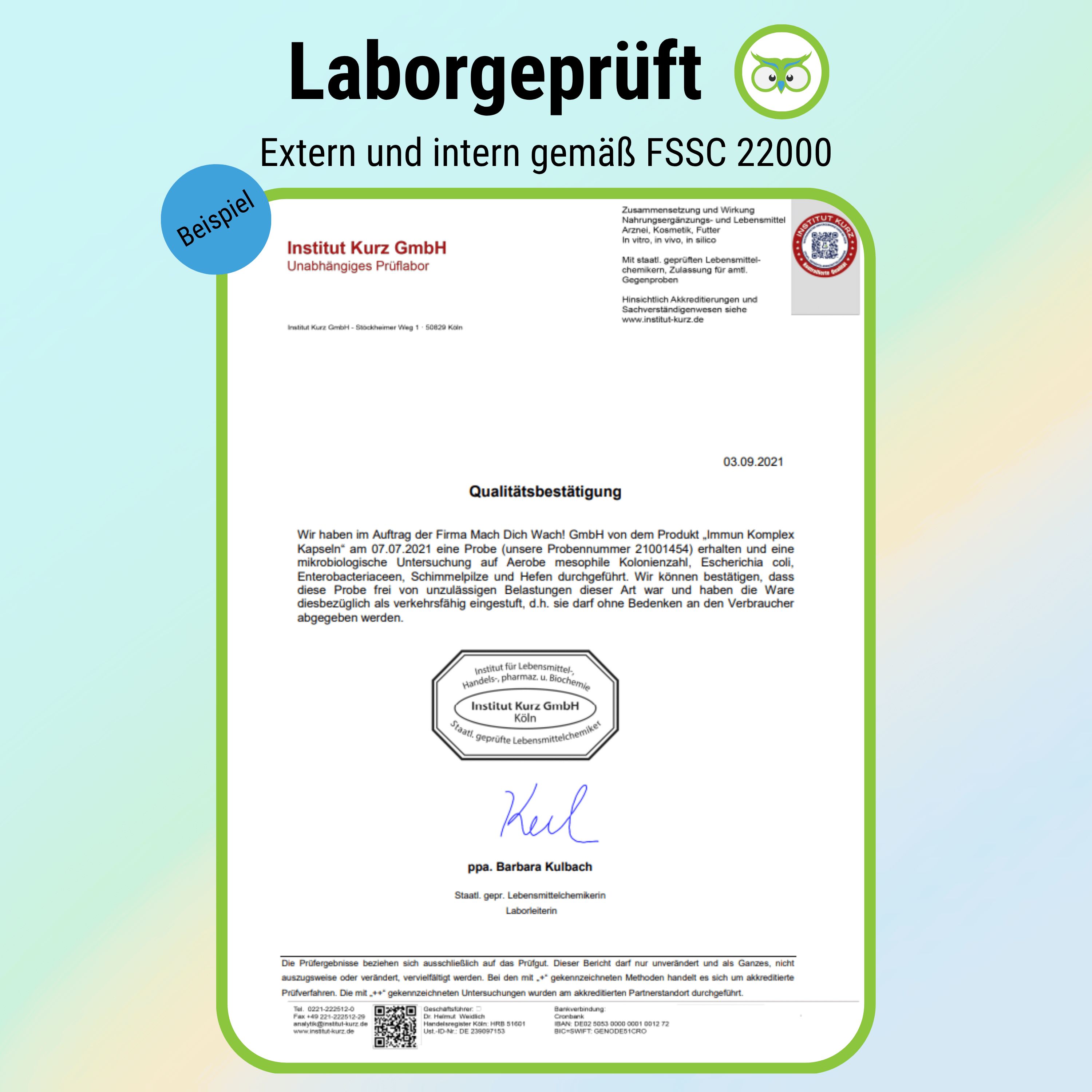 Zertifizierungsdokument von Institut Kurz GmbH. Bestätigung der Qualitätskontrolle für Immun Komplex Kapseln. FSSC 22000.