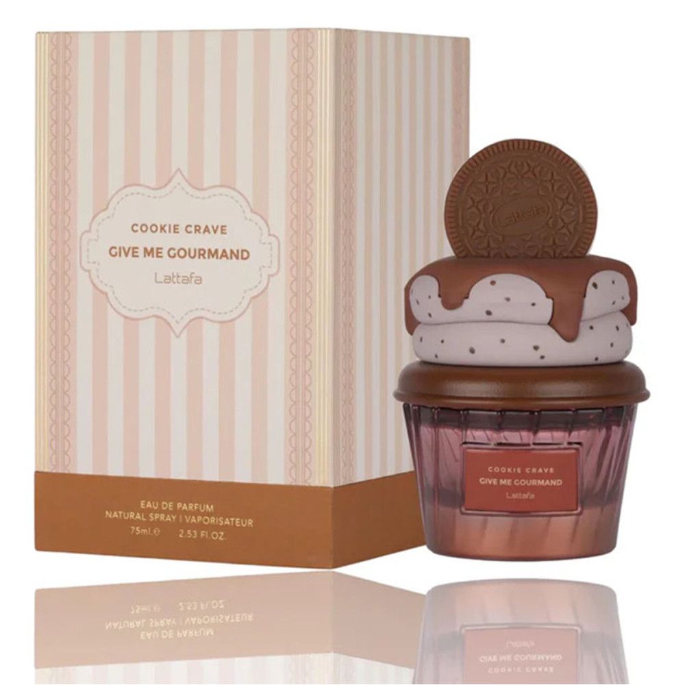 Parfümflakon in Cupcake-Form mit Keks-Dekoration. Verpackung mit Produktnamen und Streifenmuster.